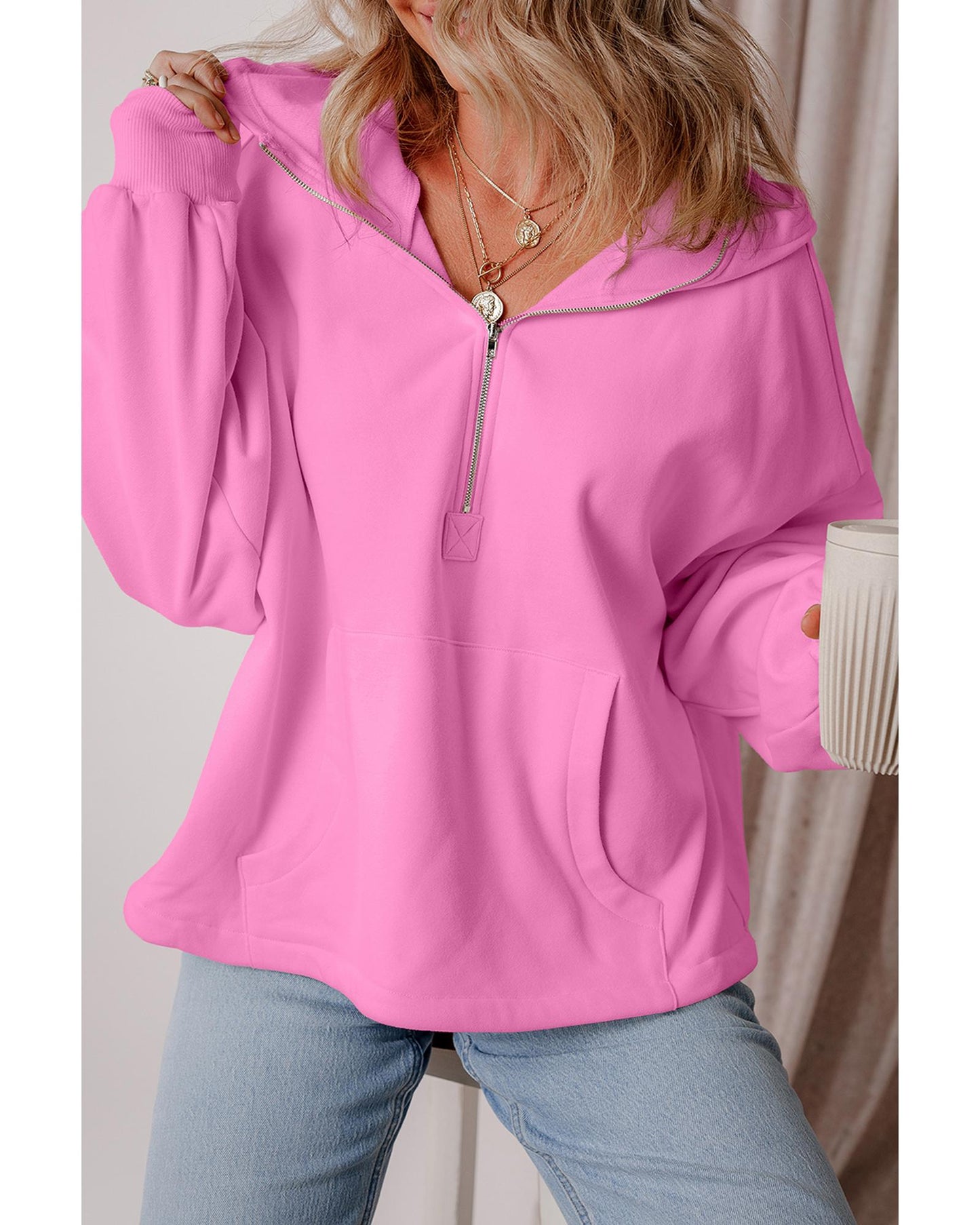 Bonbon Fleece Lined Half Zipper Kangaroo Pockets Loose Hoodie - L