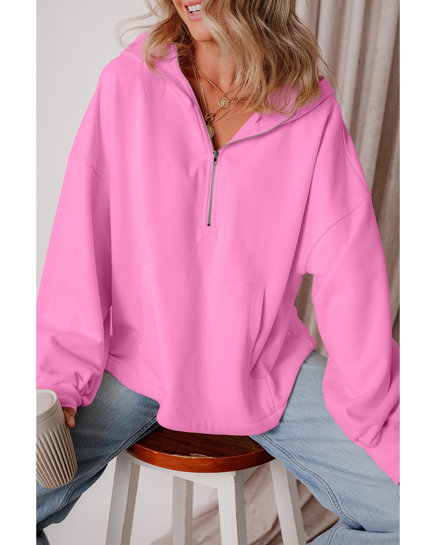 Bonbon Fleece Lined Half Zipper Kangaroo Pockets Loose Hoodie - L