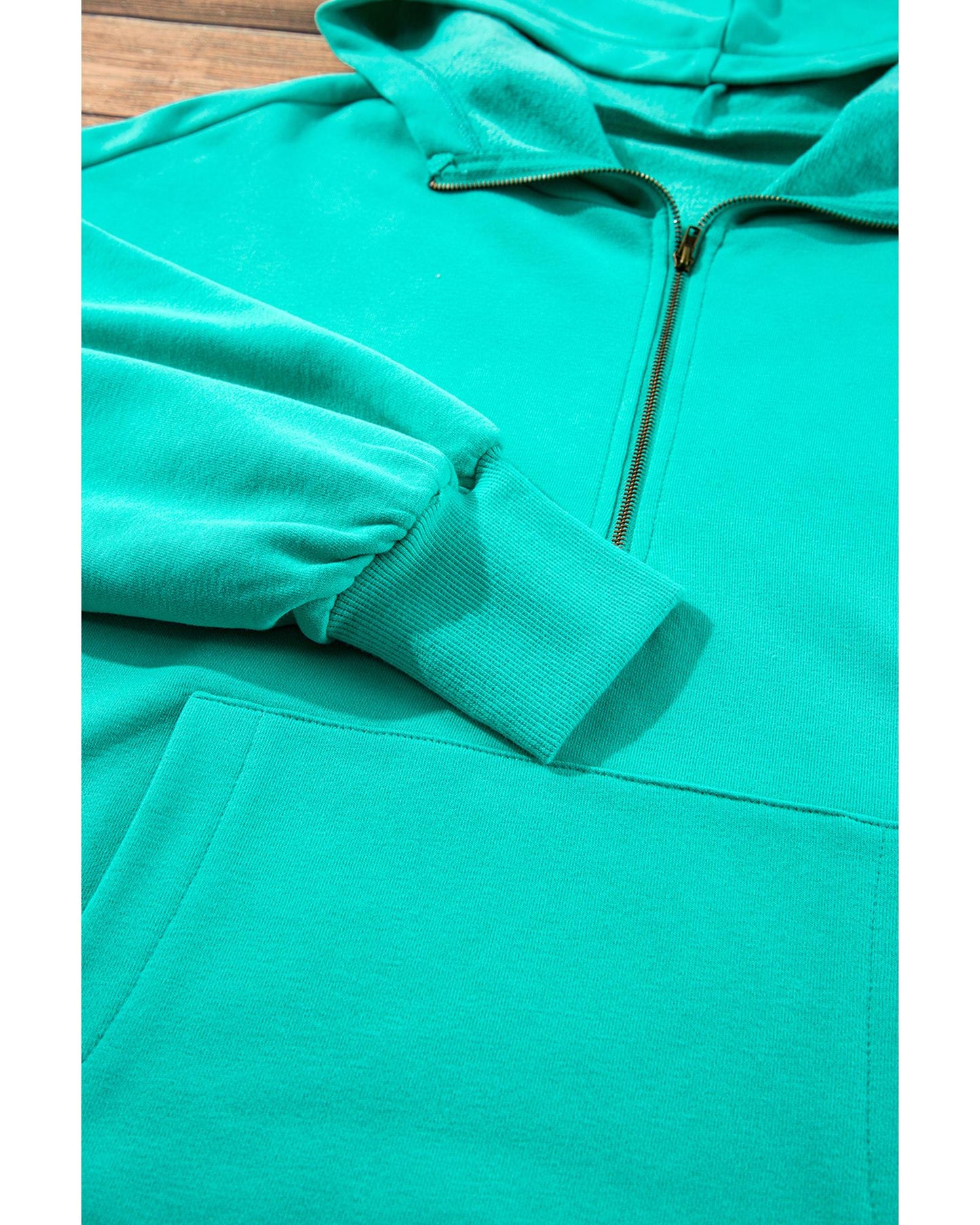Aruba Blue Fleece Lined Half Zipper Kangaroo Pockets Loose Hoodie - M