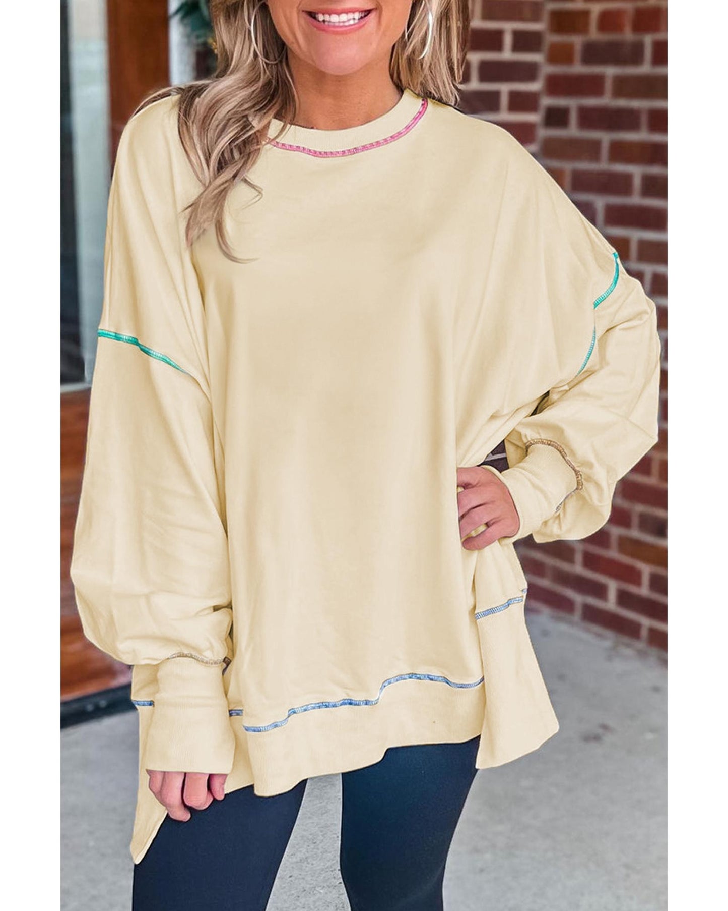 Contrast Stitching Split Baggy Sweatshirt - L