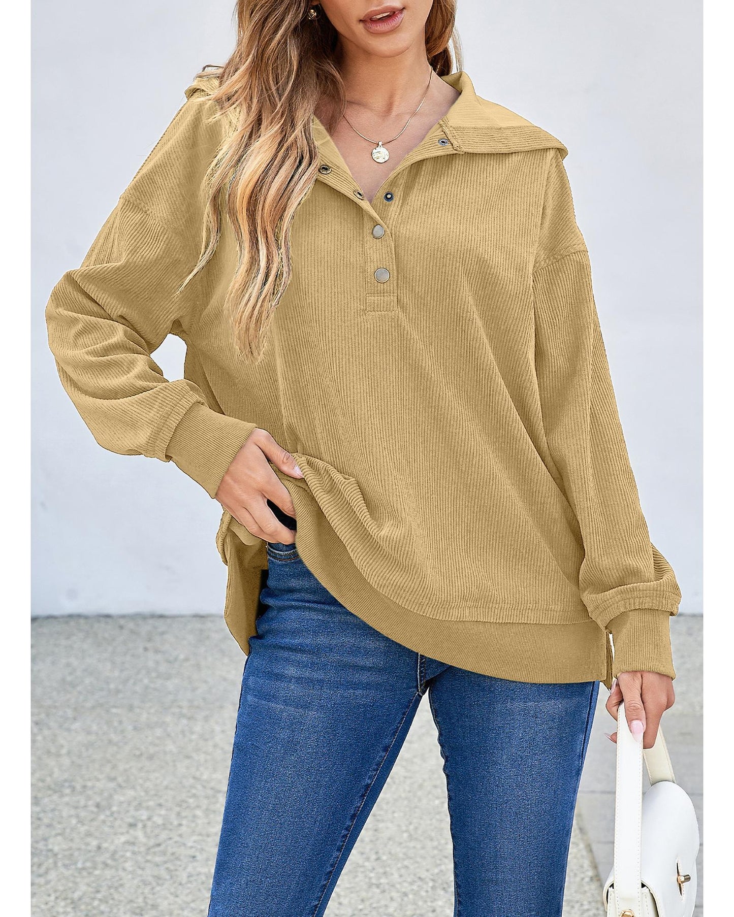 Simply Taupe Solid Ribbed Knit Buttoned Drop Shoulder Oversized Hoodie - 2XL
