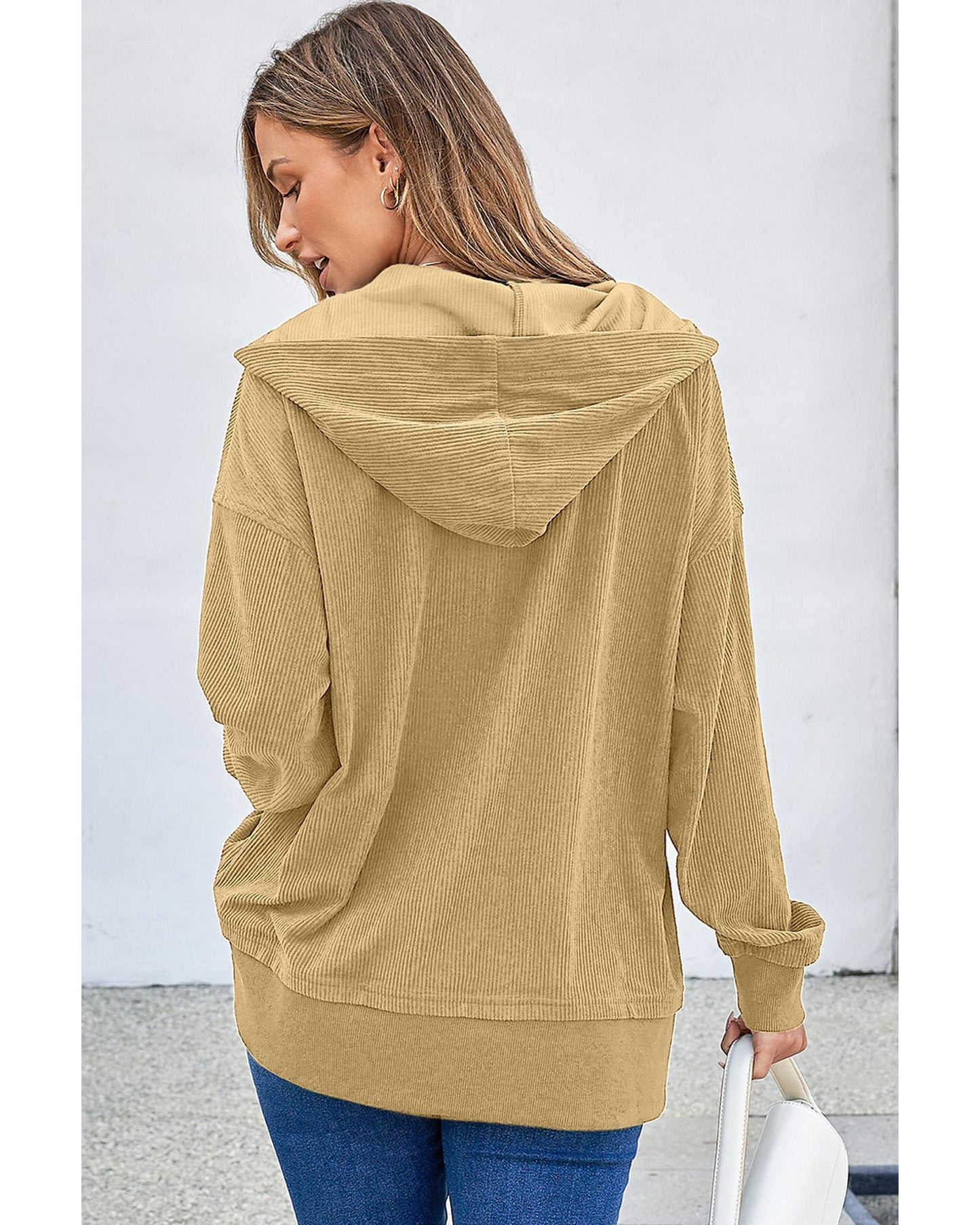 Simply Taupe Solid Ribbed Knit Buttoned Drop Shoulder Oversized Hoodie - 2XL