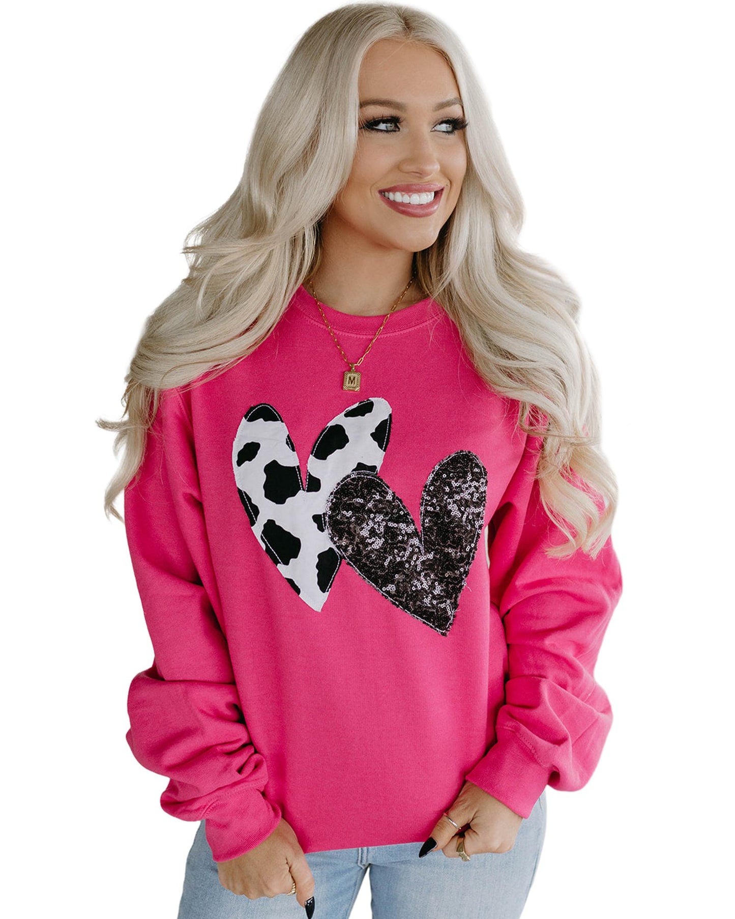 Strawberry Pink Cow & Sequin Double Heart Patch Graphic Sweatshirt - S