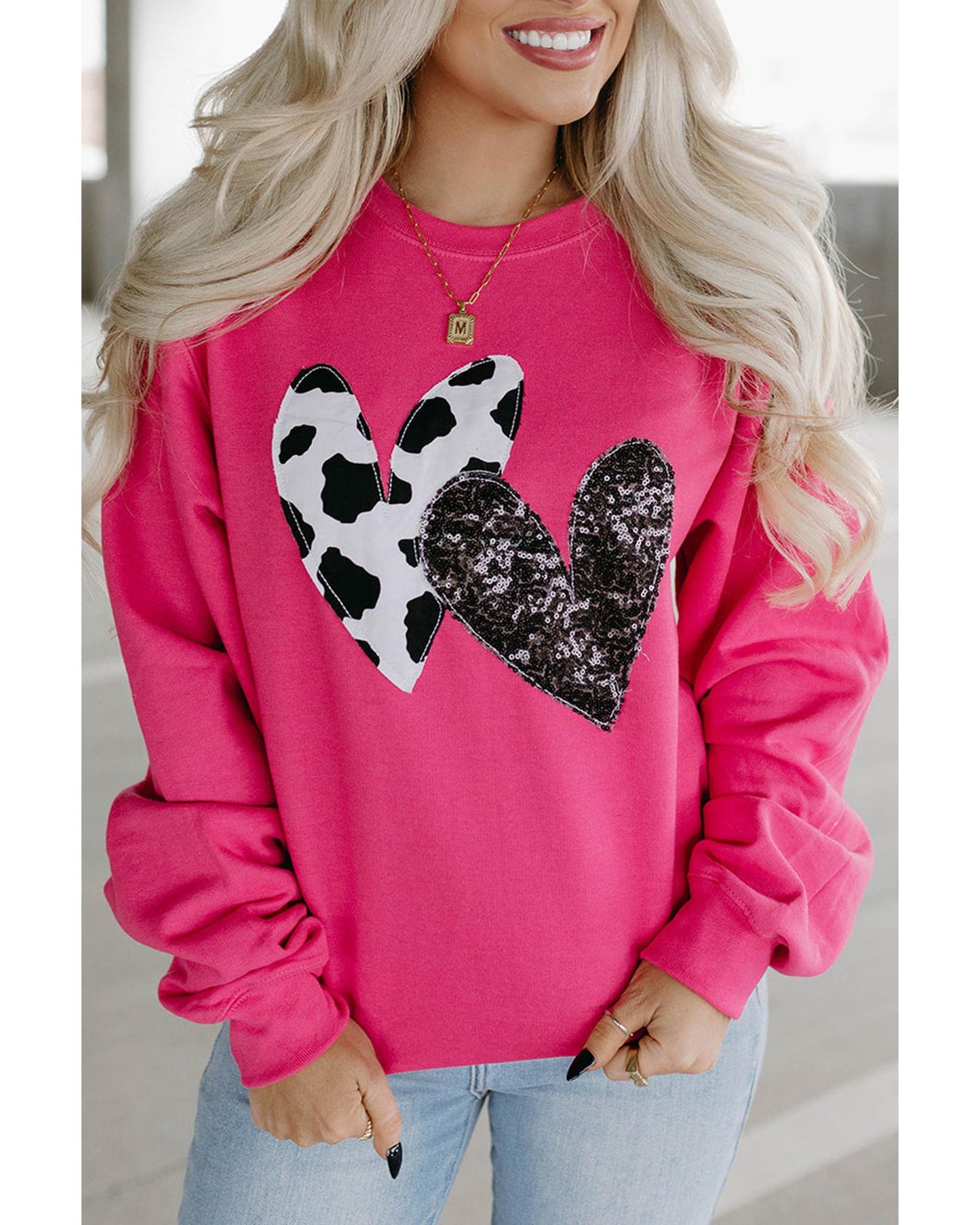 Strawberry Pink Cow & Sequin Double Heart Patch Graphic Sweatshirt - XL