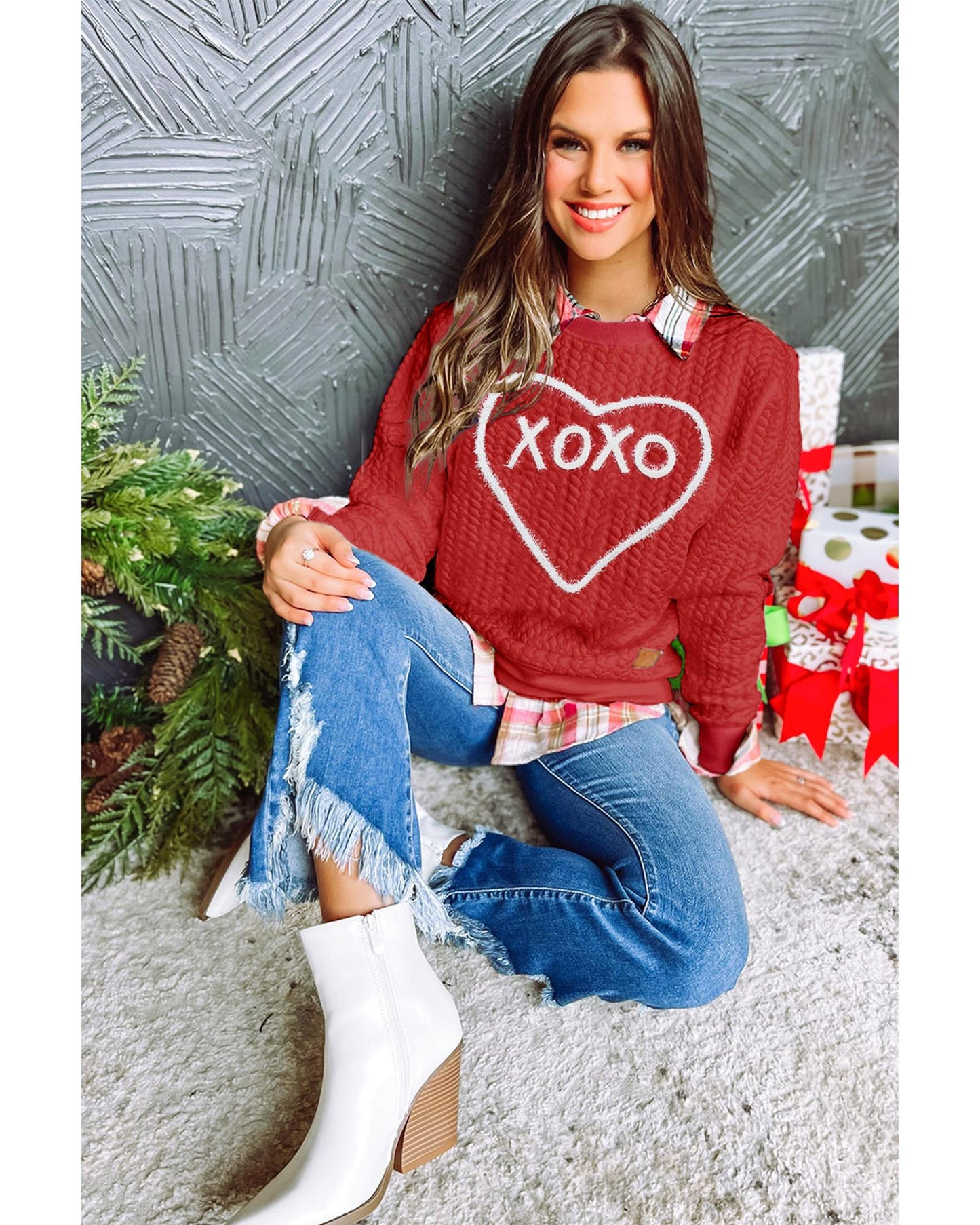Racing Red Heart XOXO Chenille Embroidered Textured Sweatshirt - S