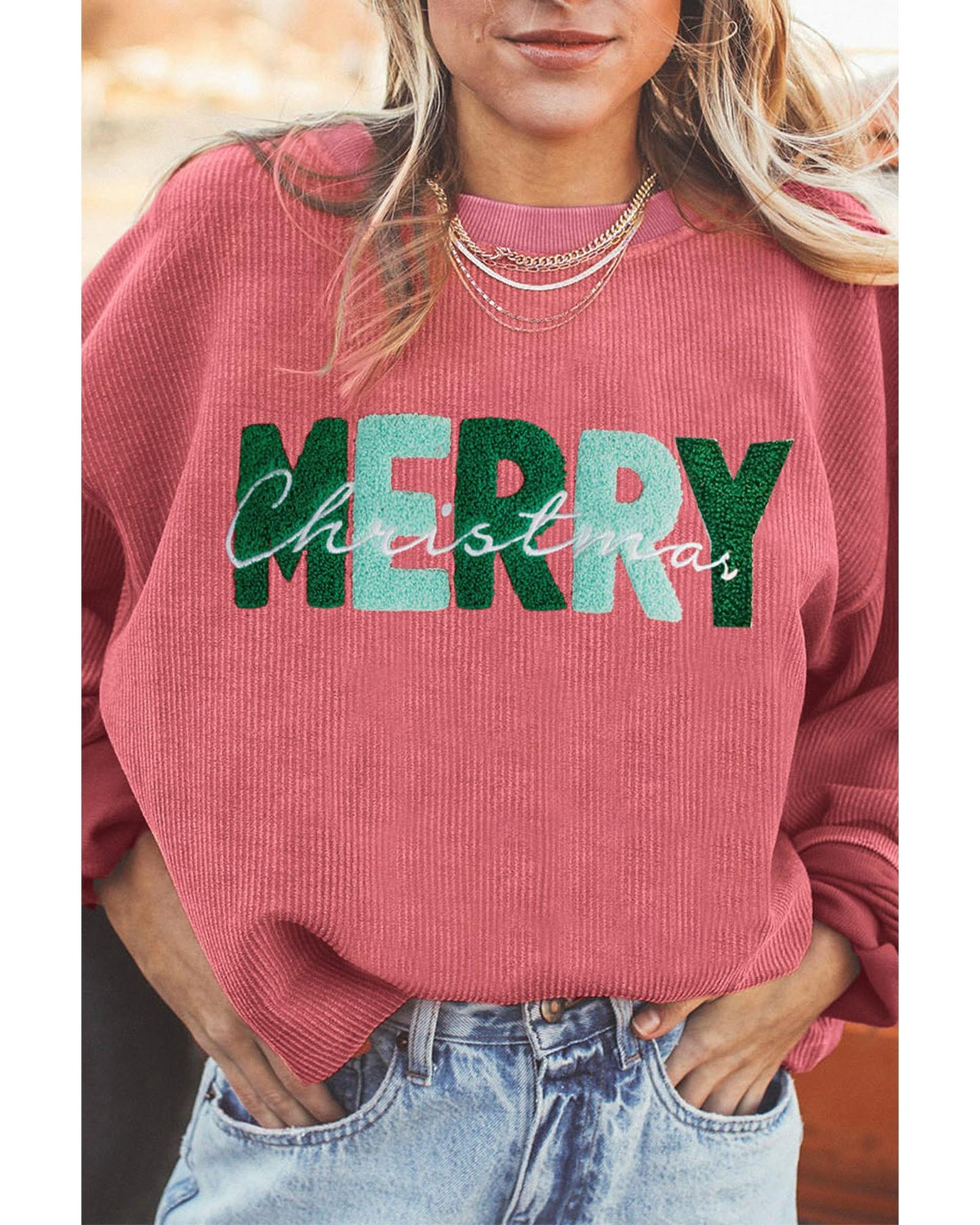 Strawberry Pink MERRY Christmas Corded Pullover Sweatshirt - M