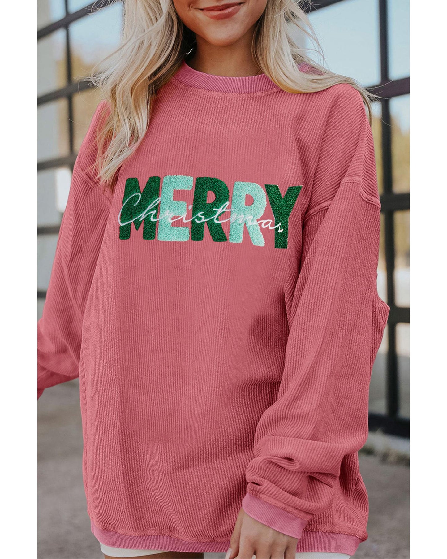 Strawberry Pink MERRY Christmas Corded Pullover Sweatshirt - M