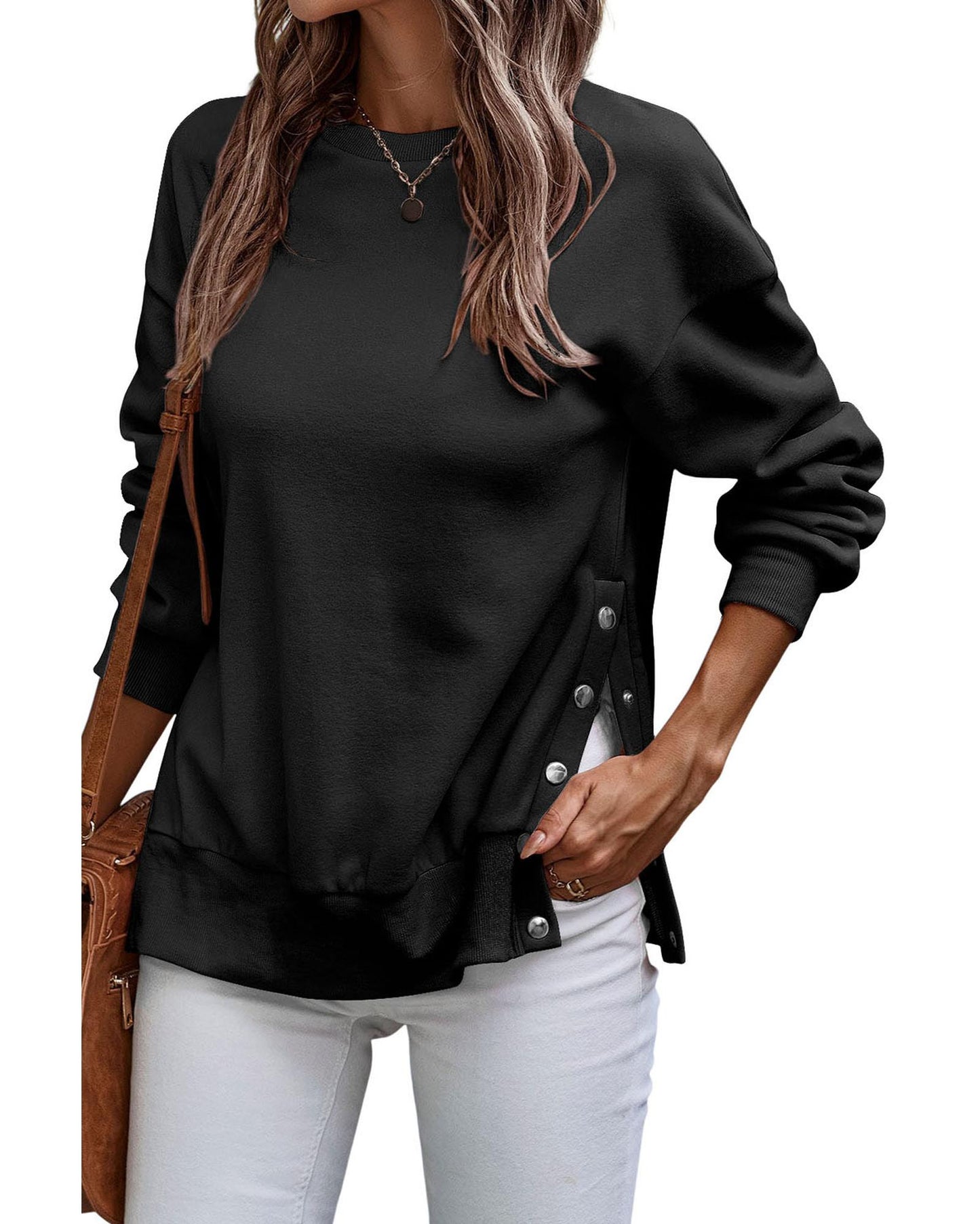 Black Snap Buttons Side Splits Pullover Sweatshirt - 2XL