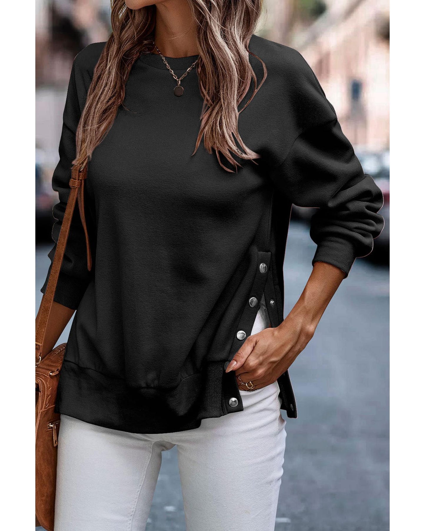 Black Snap Buttons Side Splits Pullover Sweatshirt - 2XL
