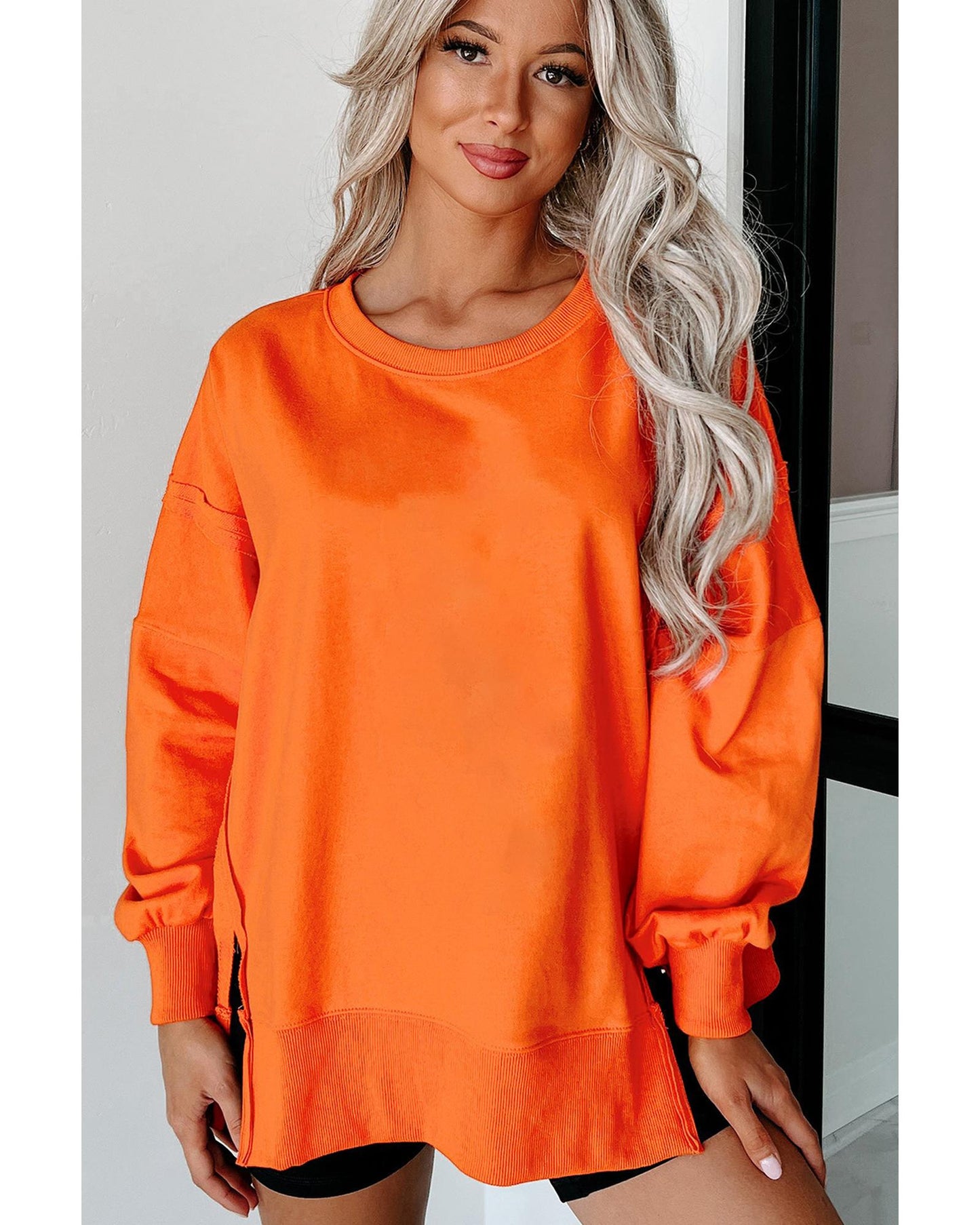 Carrot Exposed Seam Drop Shoulder Round Neck Sweatshirt with Slits - XL
