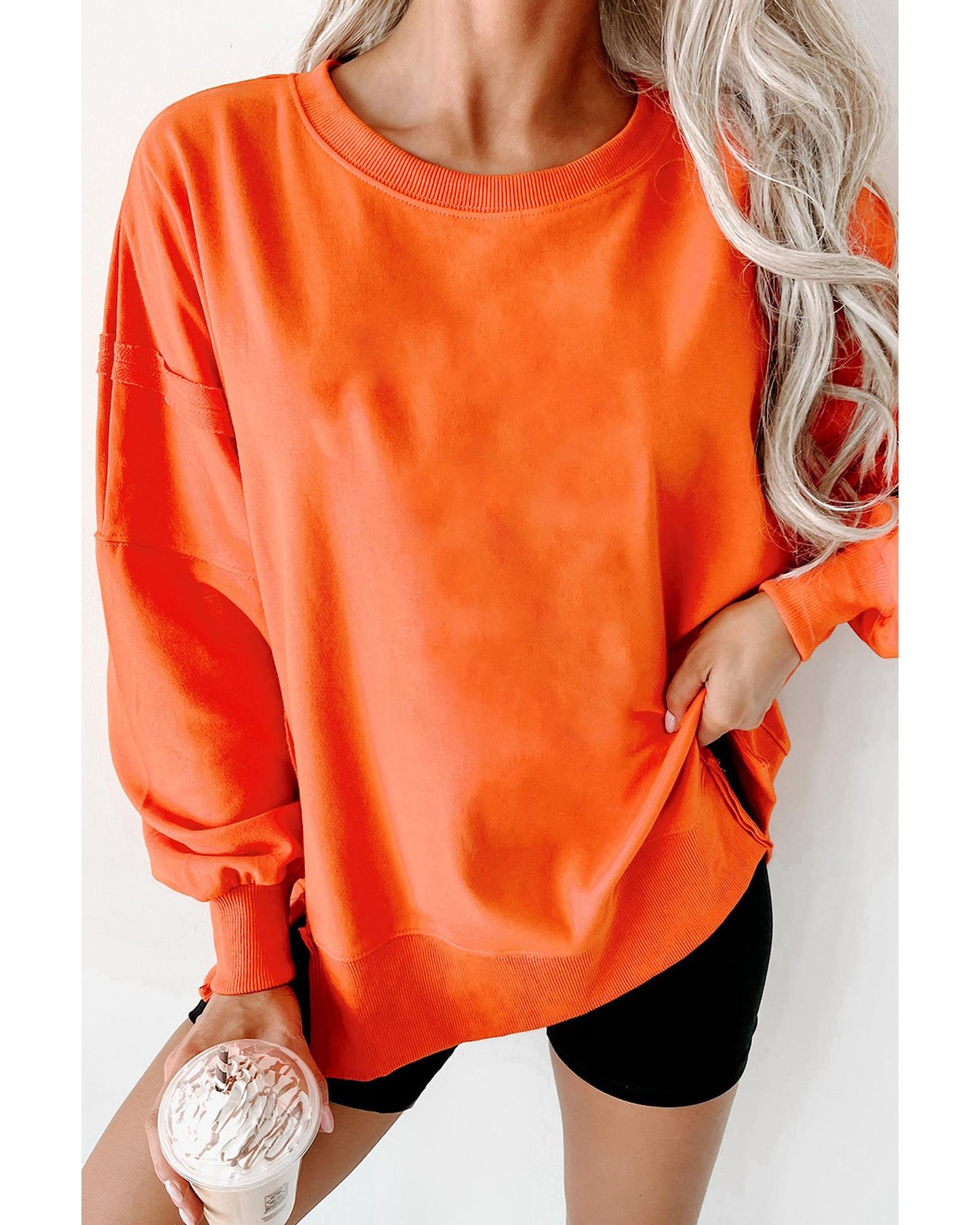 Carrot Exposed Seam Drop Shoulder Round Neck Sweatshirt with Slits - XL