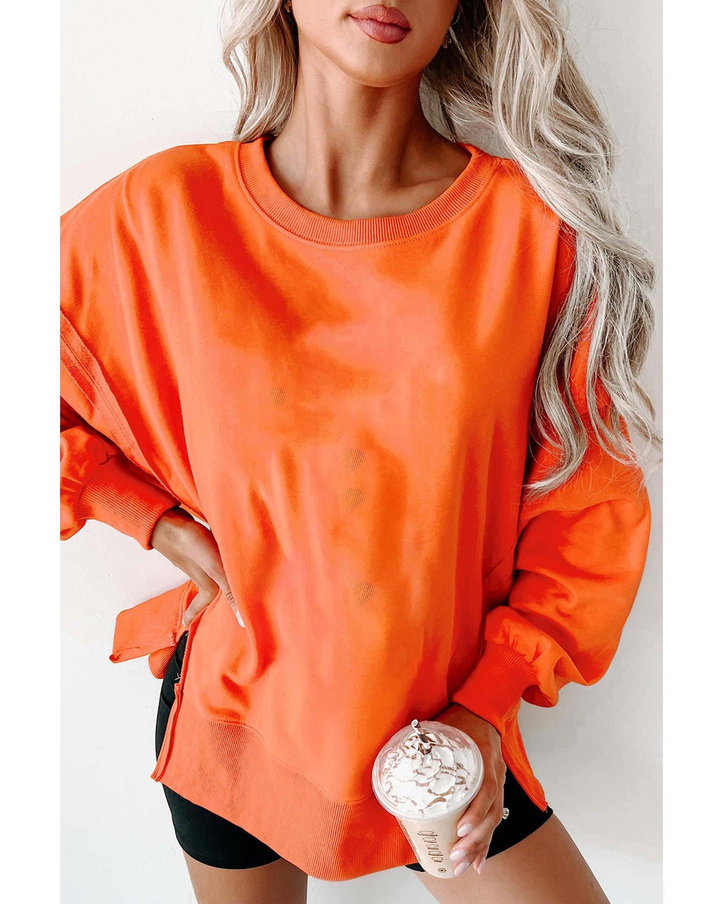 Carrot Exposed Seam Drop Shoulder Round Neck Sweatshirt with Slits - XL