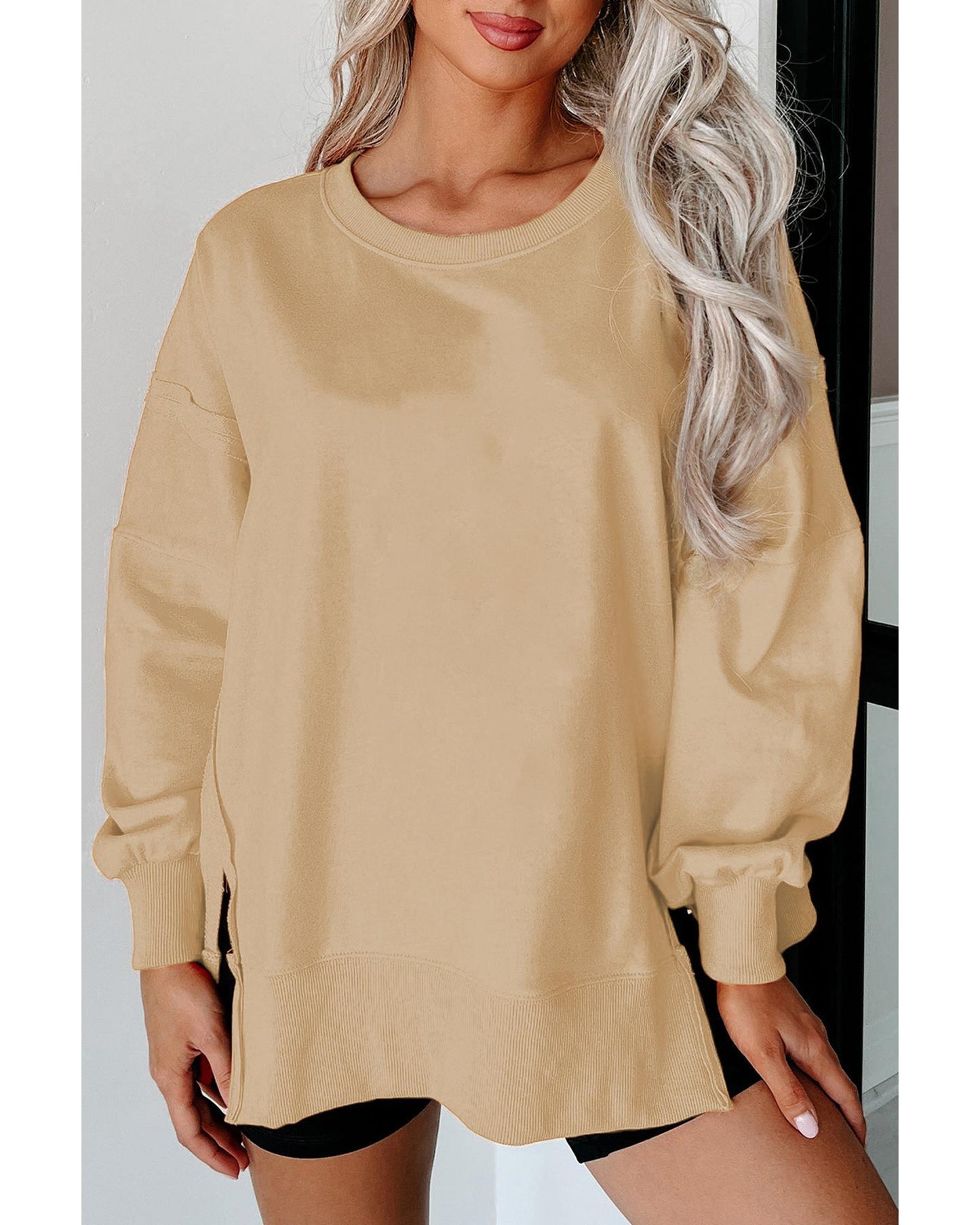 Light French Beige Exposed Seam Drop Shoulder Round Neck Sweatshirt with Slits - 2XL
