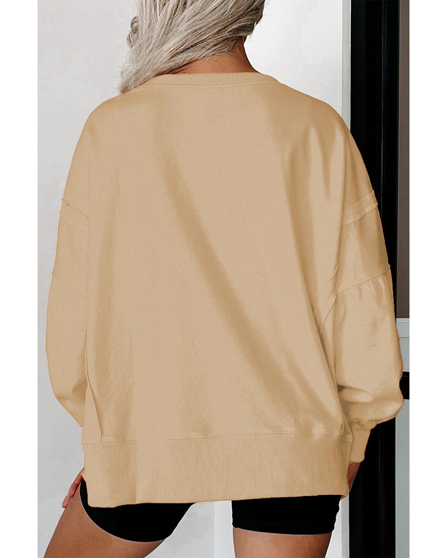 Light French Beige Exposed Seam Drop Shoulder Round Neck Sweatshirt with Slits - 2XL