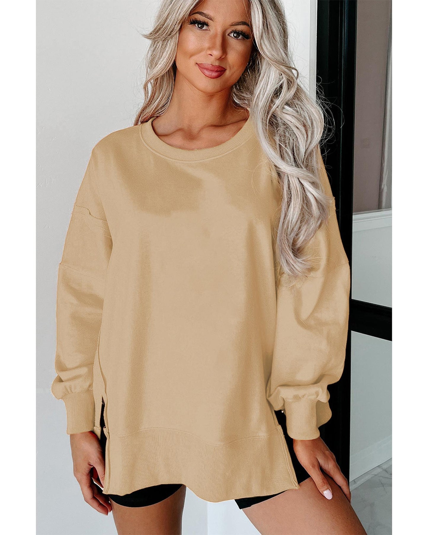 Light French Beige Exposed Seam Drop Shoulder Round Neck Sweatshirt with Slits - 2XL