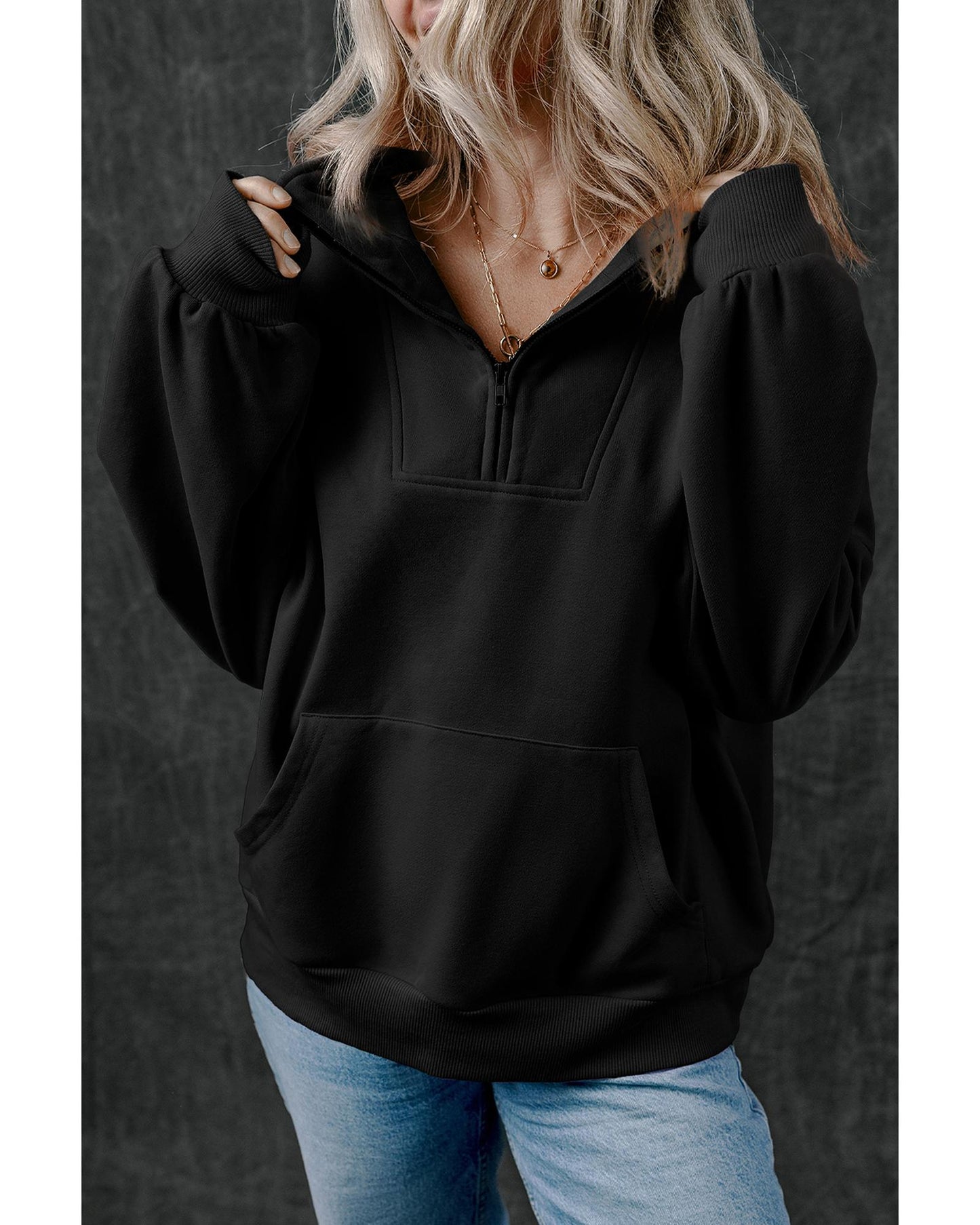 Black Zip-up Stand Neck Kangaroo Pocket Sweatshirt - M