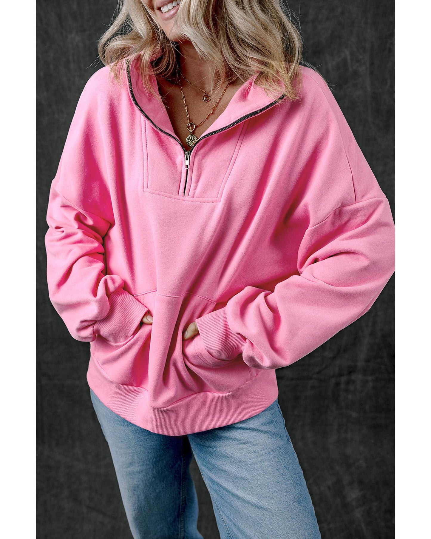Bonbon Zip-up Stand Neck Kangaroo Pocket Sweatshirt - L