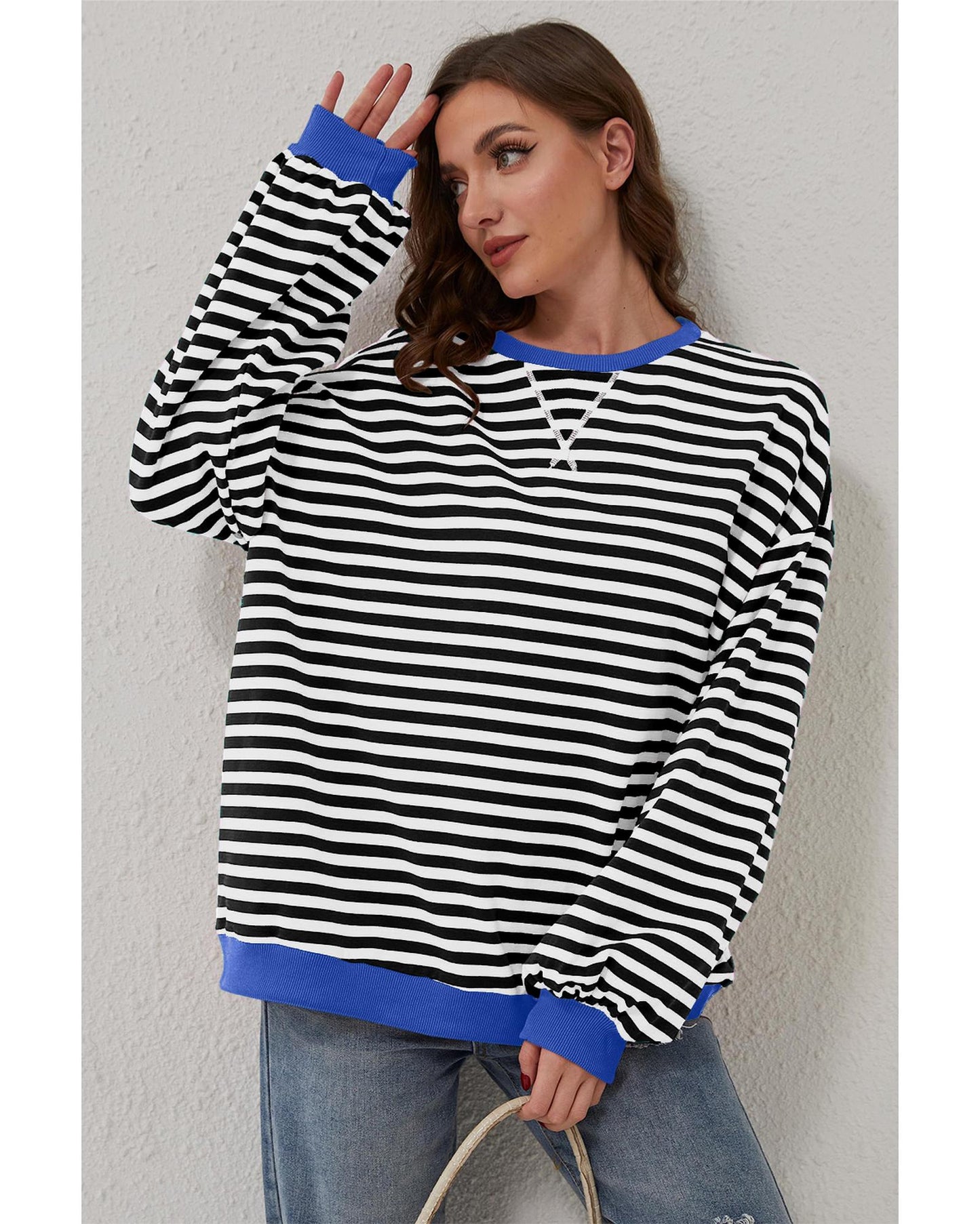 Black Stripe Oversized Contrast Trim Pullover Sweatshirt - XL
