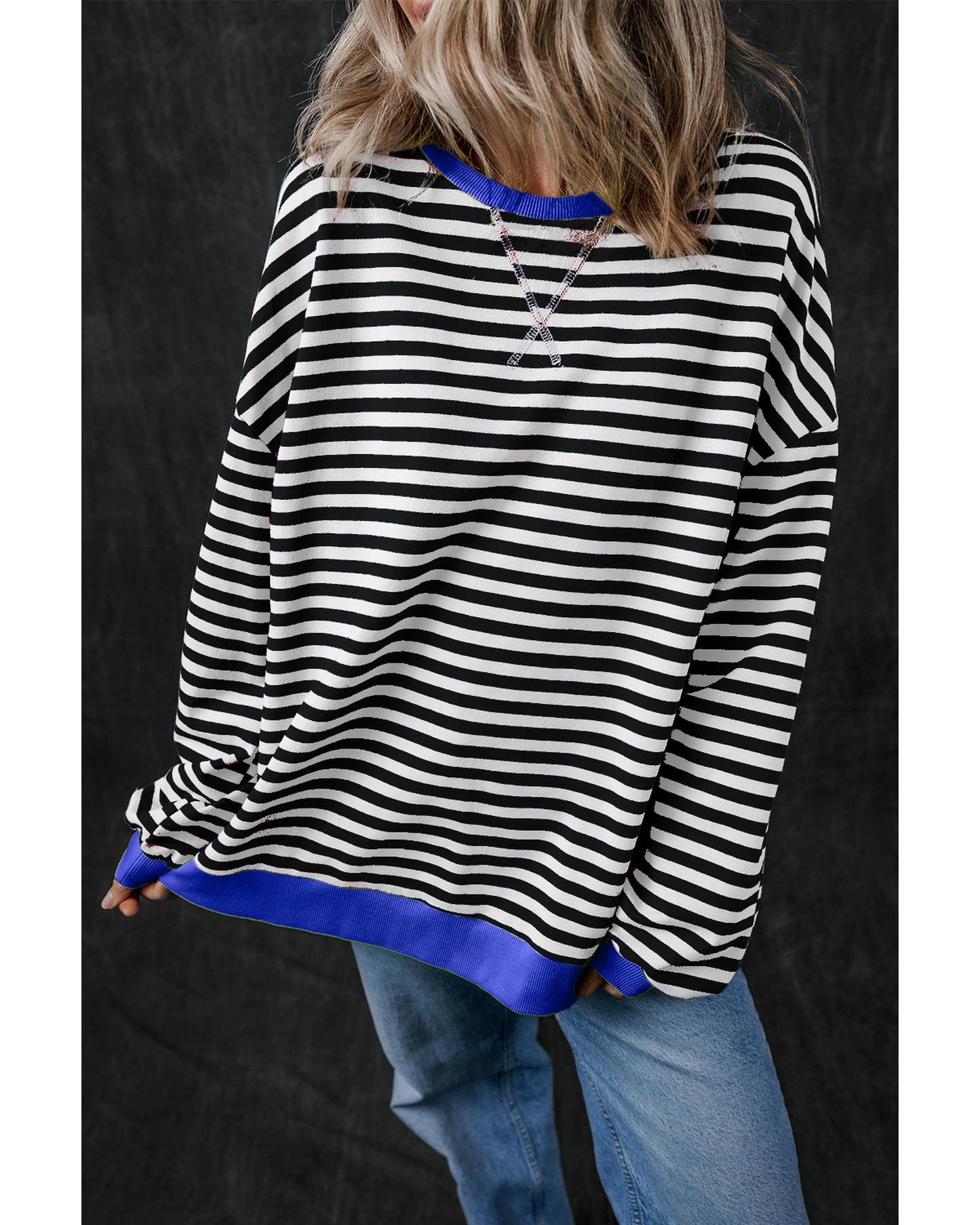 Black Stripe Oversized Contrast Trim Pullover Sweatshirt - XL