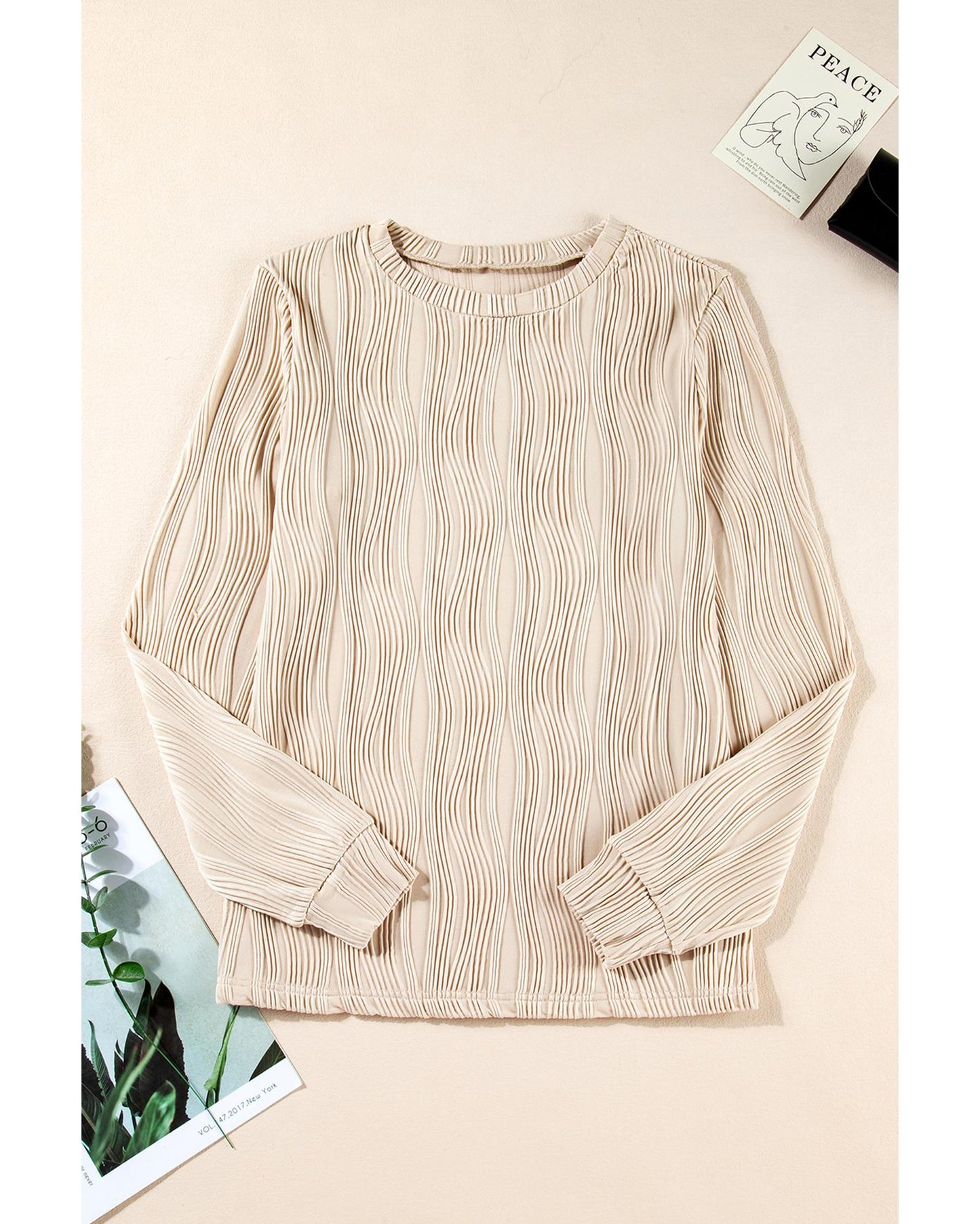 Apricot Textured Wavy Round Neck Long Sleeve Top - L