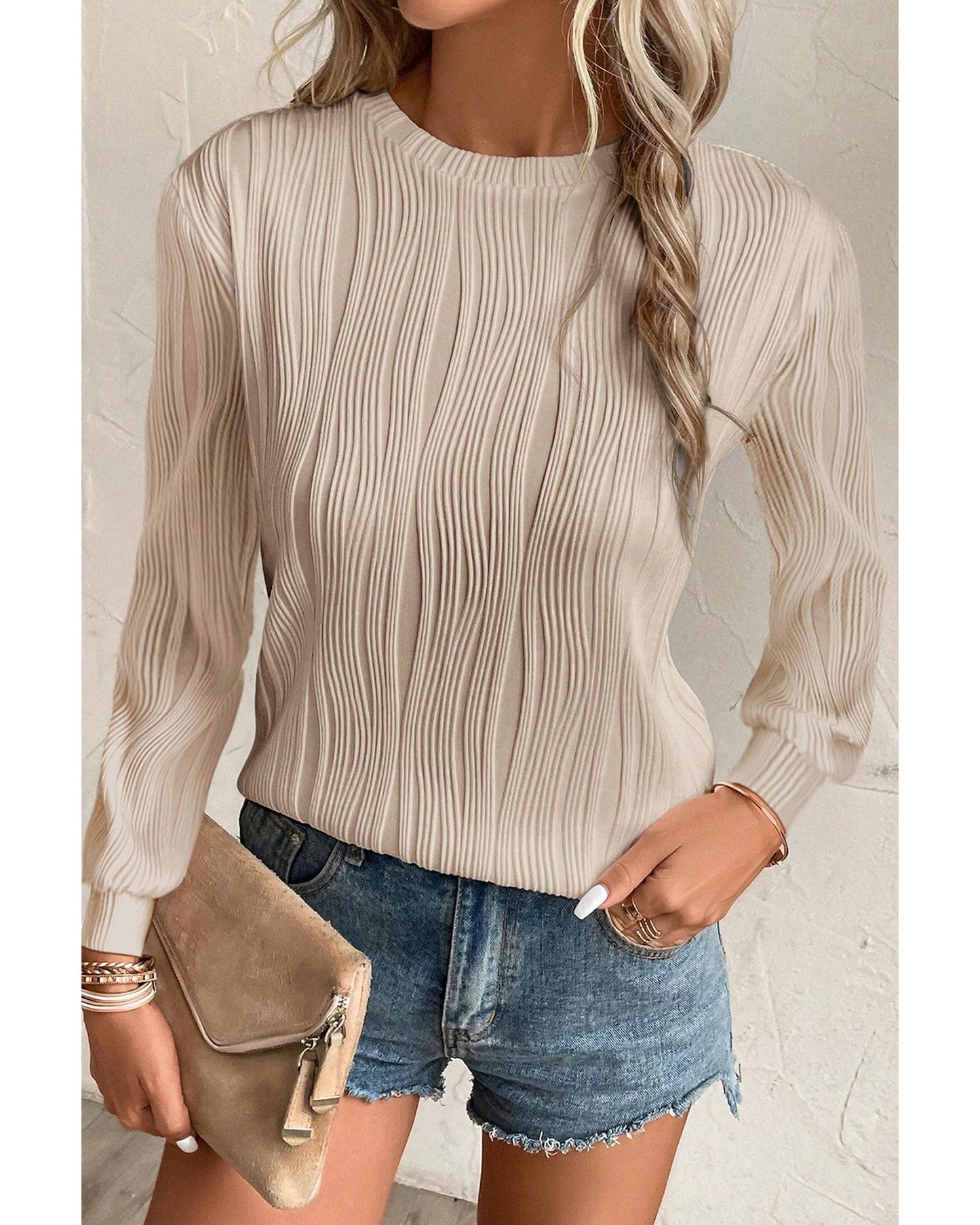 Apricot Textured Wavy Round Neck Long Sleeve Top - M
