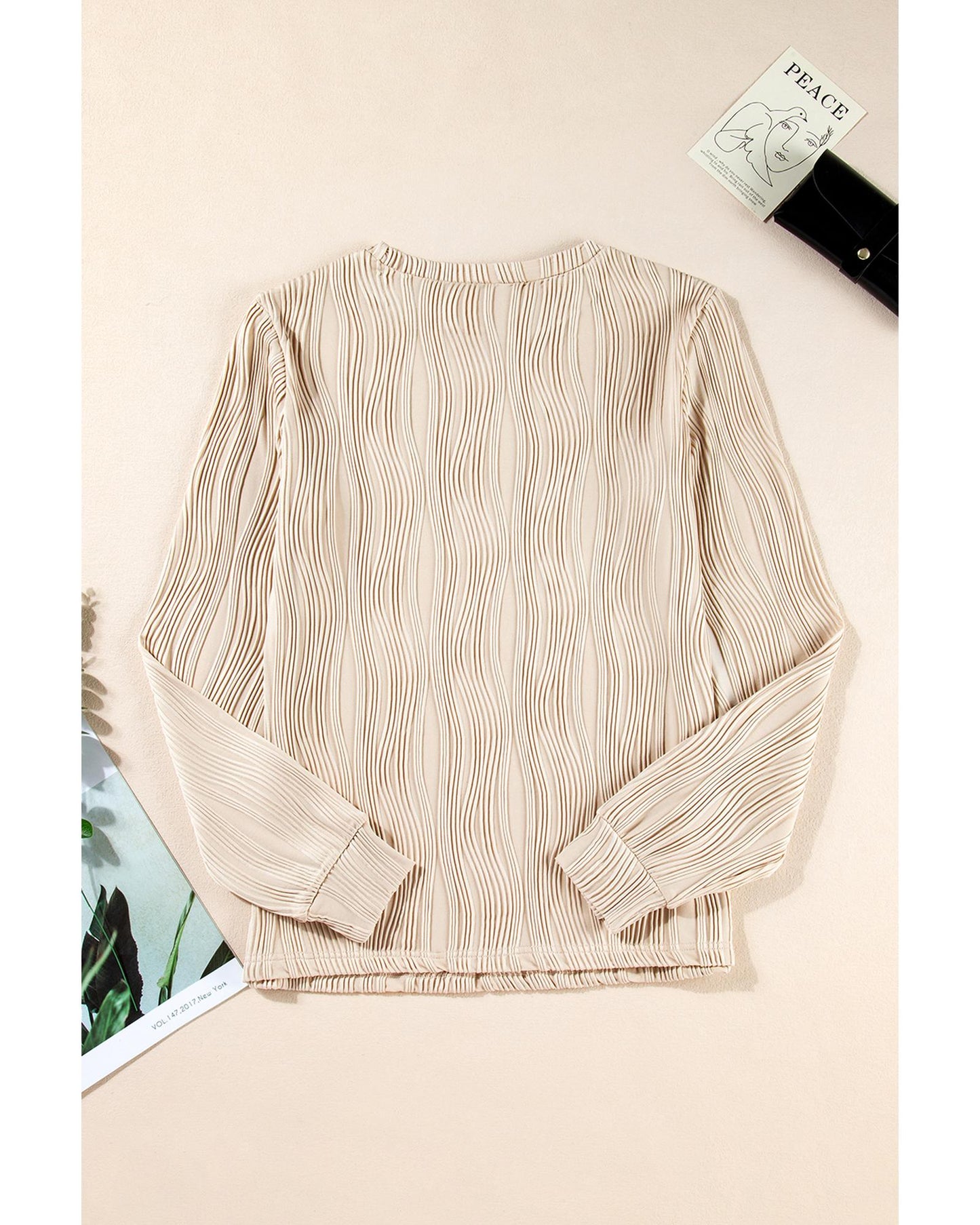 Apricot Textured Wavy Round Neck Long Sleeve Top - M