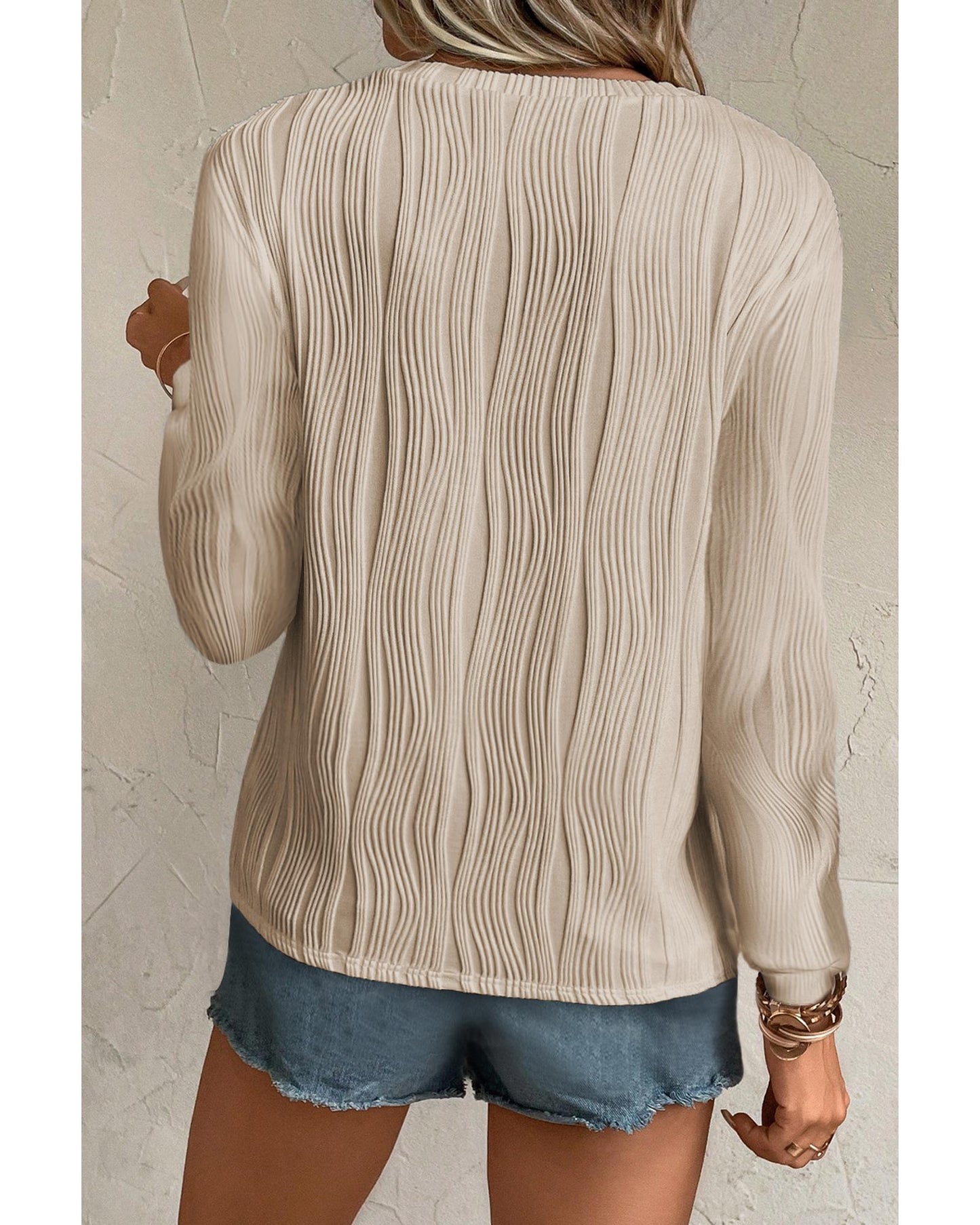 Apricot Textured Wavy Round Neck Long Sleeve Top - M
