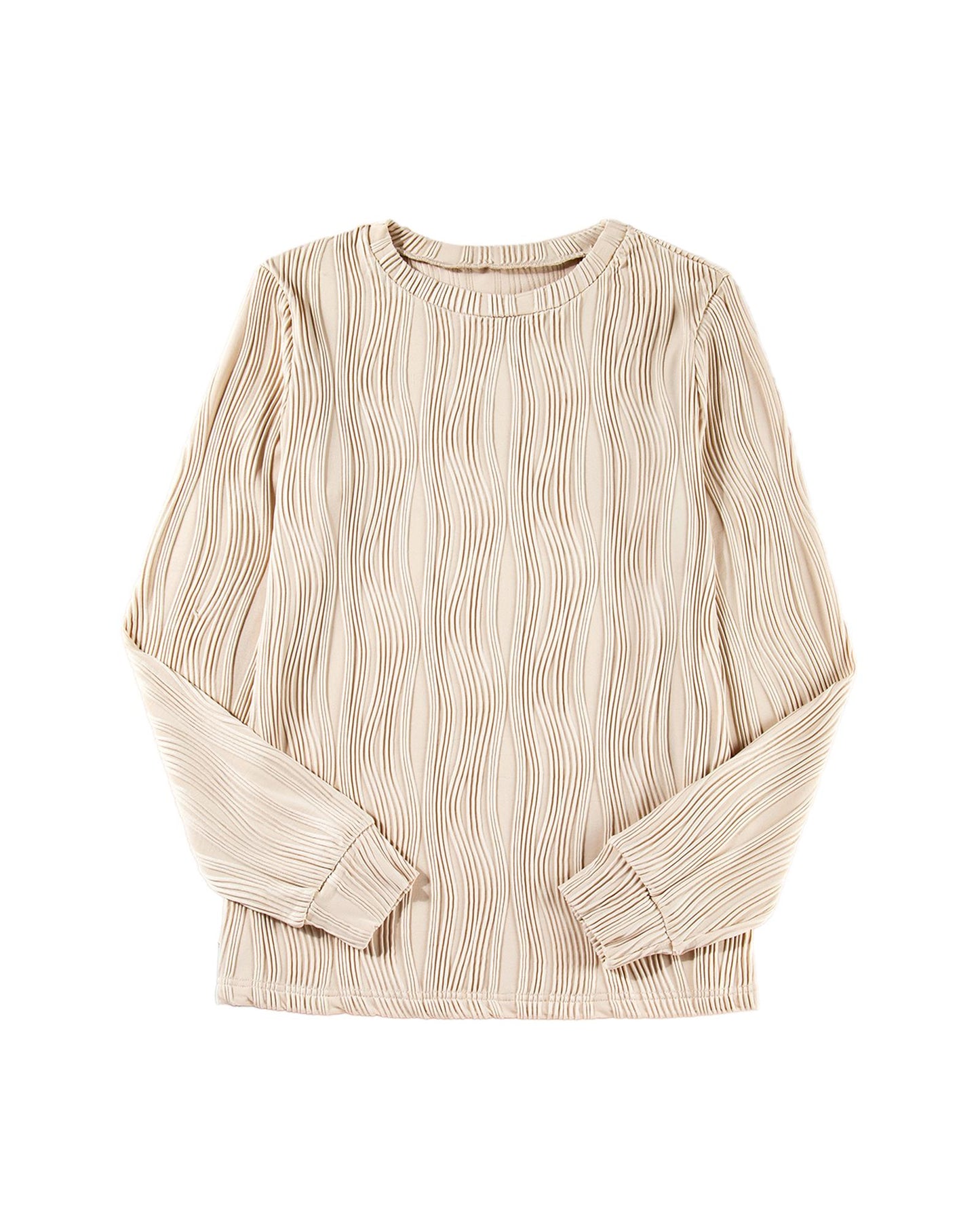 Apricot Textured Wavy Round Neck Long Sleeve Top - M