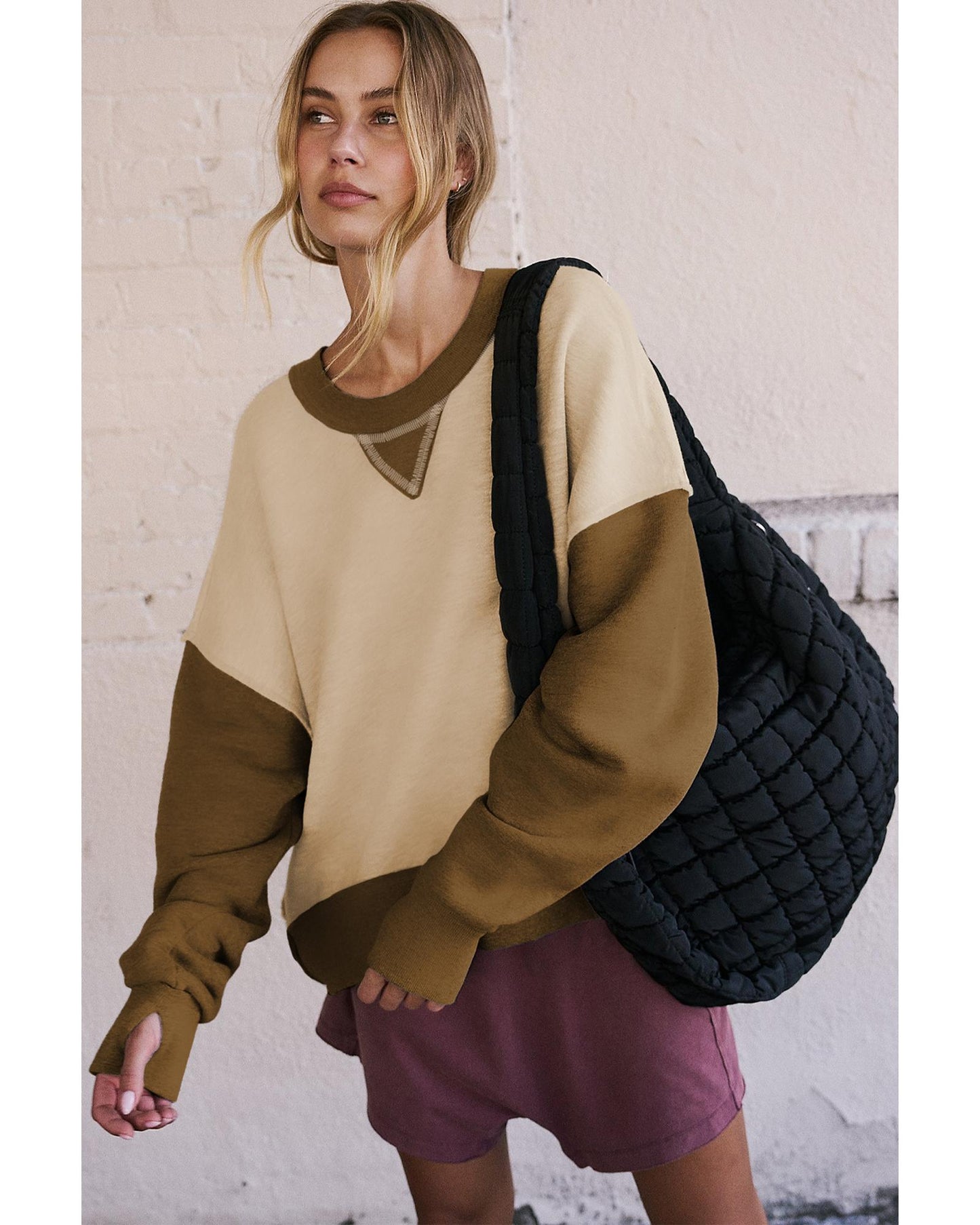 Apricot Color Block Thumbhole Sleeve Drop Shoulder Sweatshirt - 2XL
