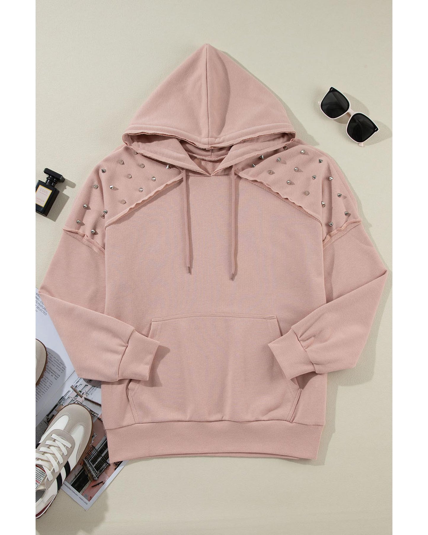 Fushia Solid Color Rivet Stud Raglan Sleeve Hoodie with Pocket - L