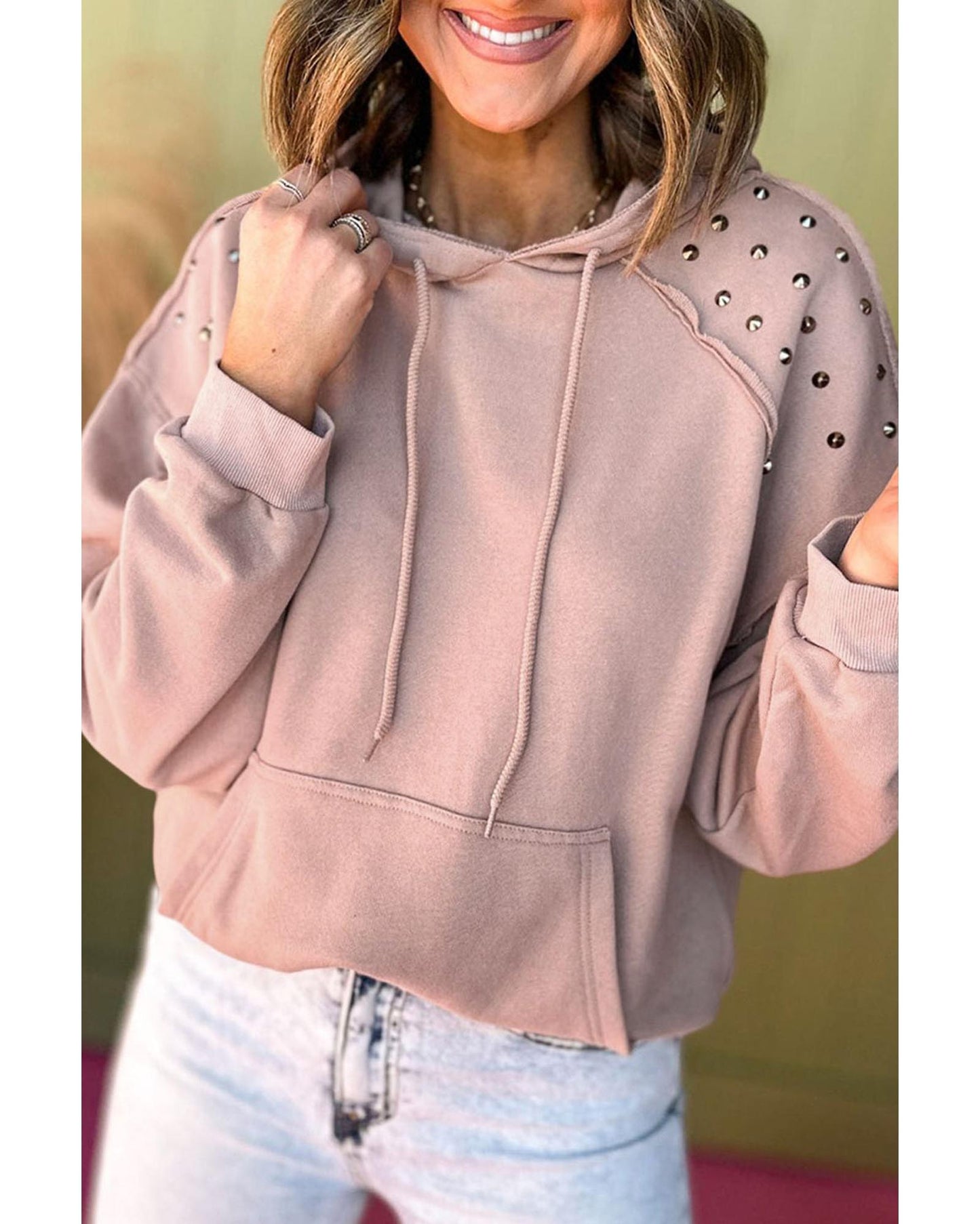 Fushia Solid Color Rivet Stud Raglan Sleeve Hoodie with Pocket - L