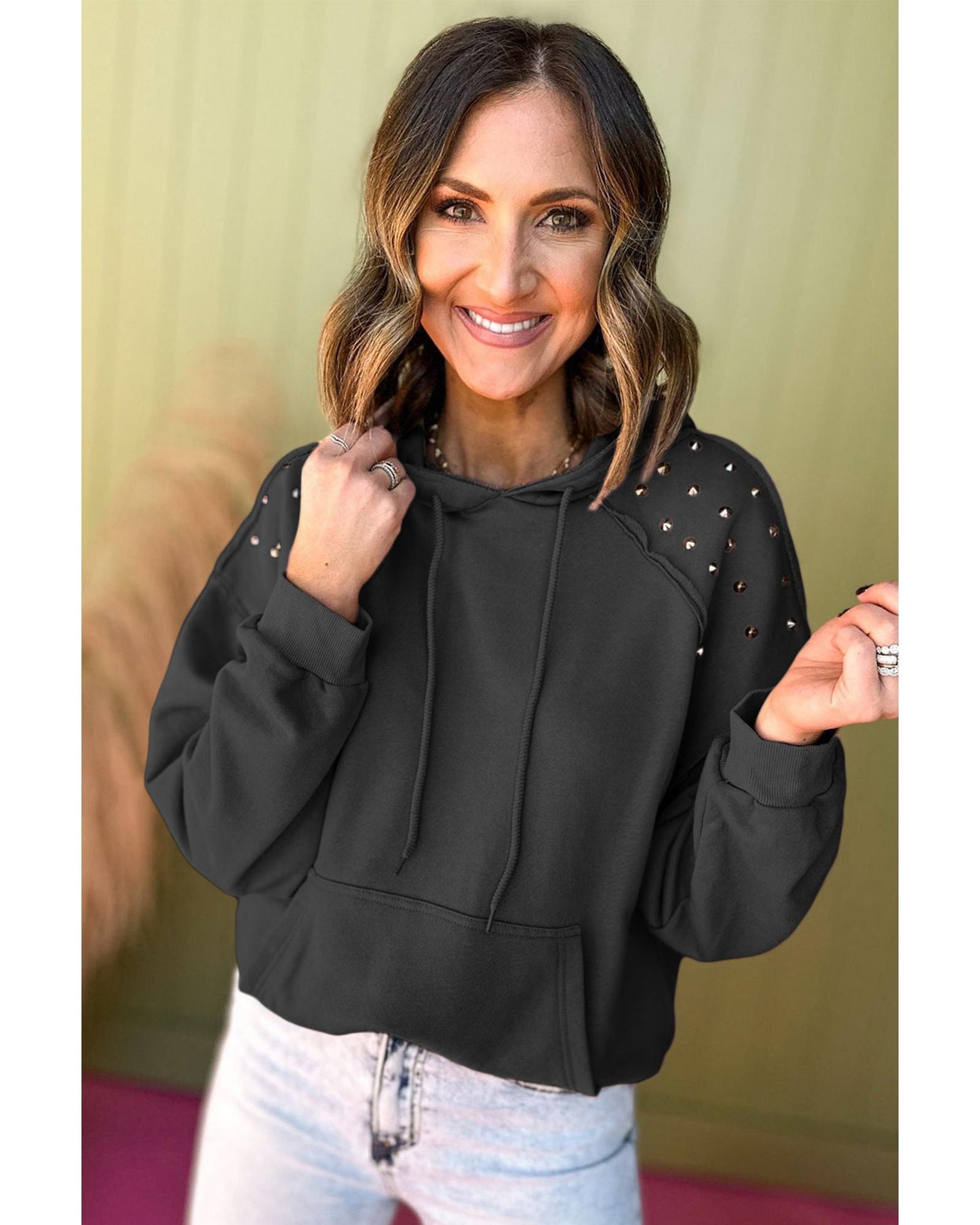 Black Solid Color Rivet Stud Raglan Sleeve Hoodie with Pocket - 2XL
