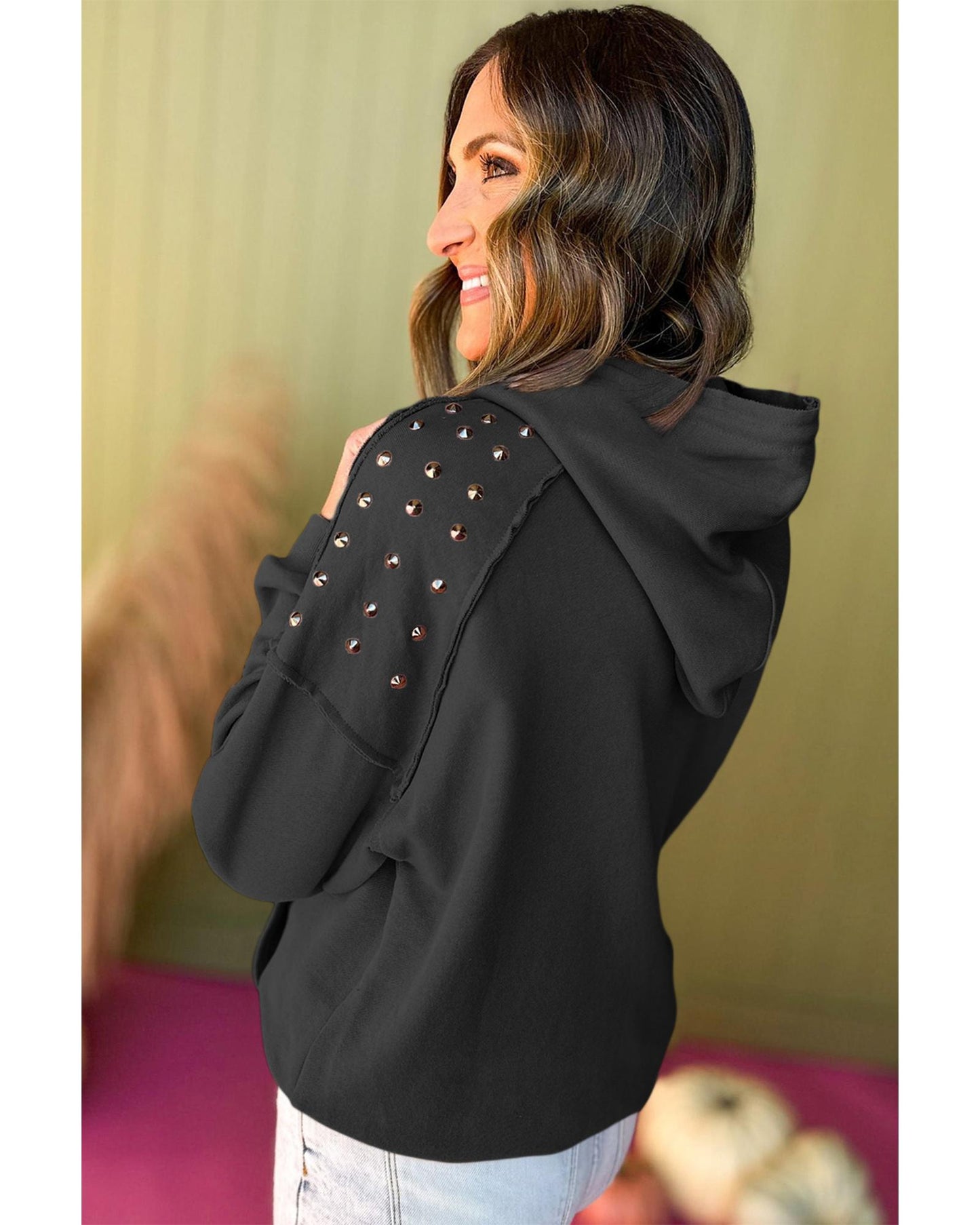 Black Solid Color Rivet Stud Raglan Sleeve Hoodie with Pocket - 2XL