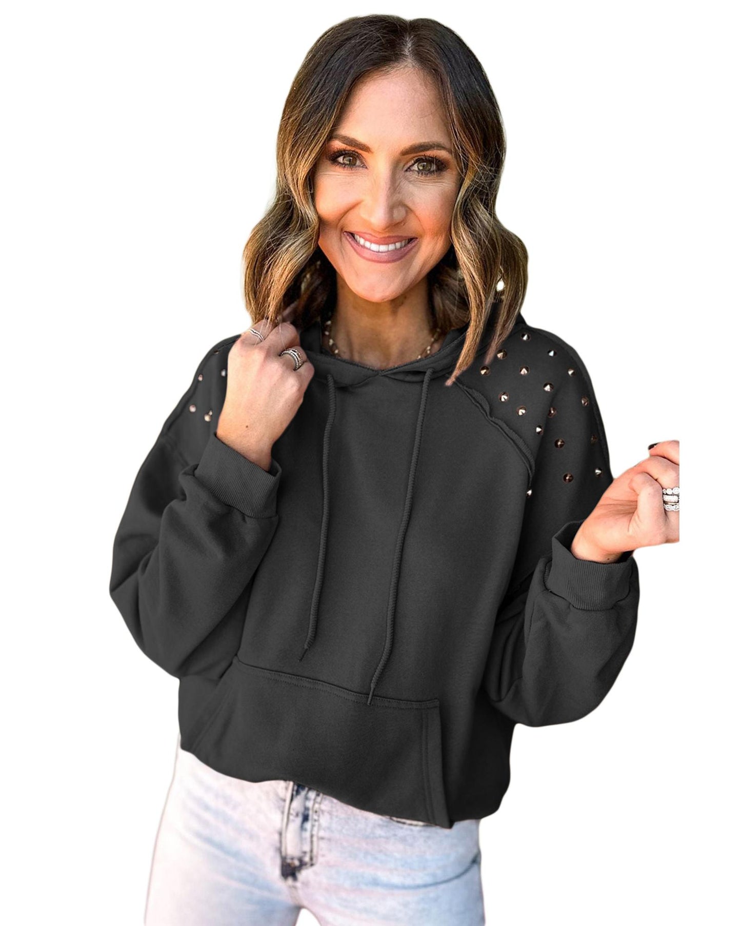 Black Solid Color Rivet Stud Raglan Sleeve Hoodie with Pocket - 2XL