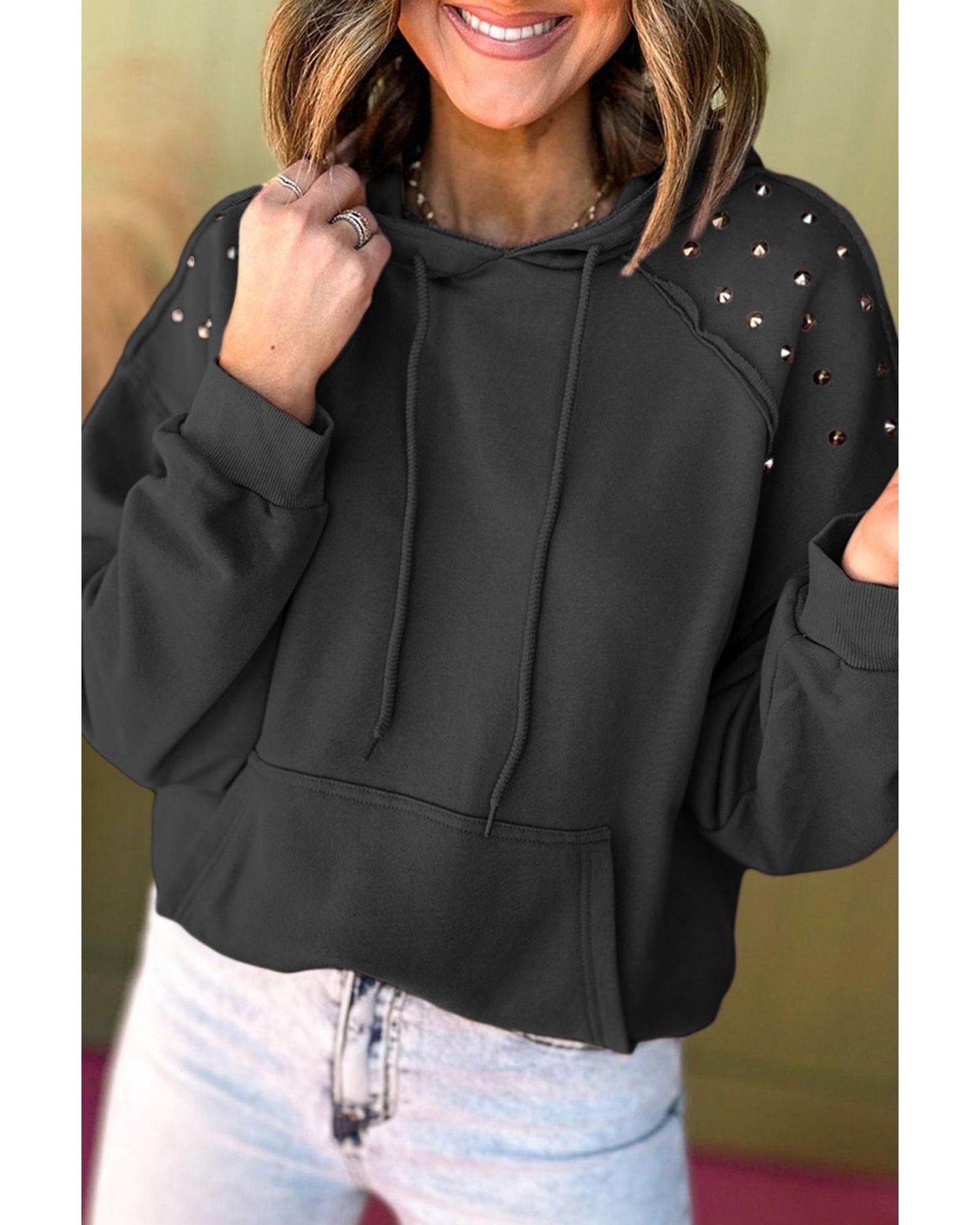 Black Solid Color Rivet Stud Raglan Sleeve Hoodie with Pocket - 2XL