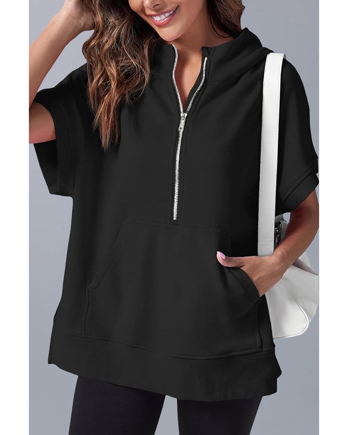 Black Half Zipper Kangaroo Pocket Short Sleeve Hoodie - L