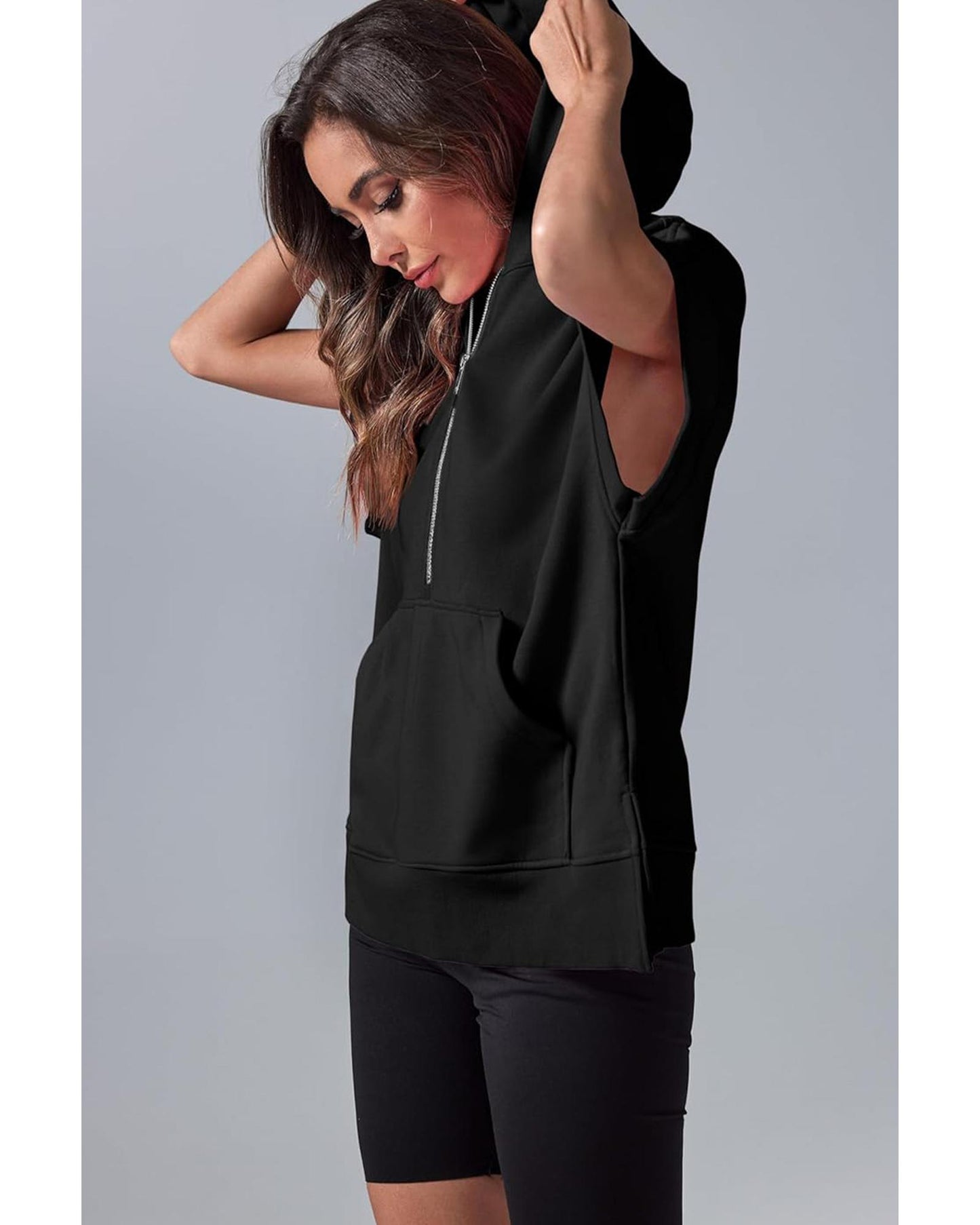 Black Half Zipper Kangaroo Pocket Short Sleeve Hoodie - XL