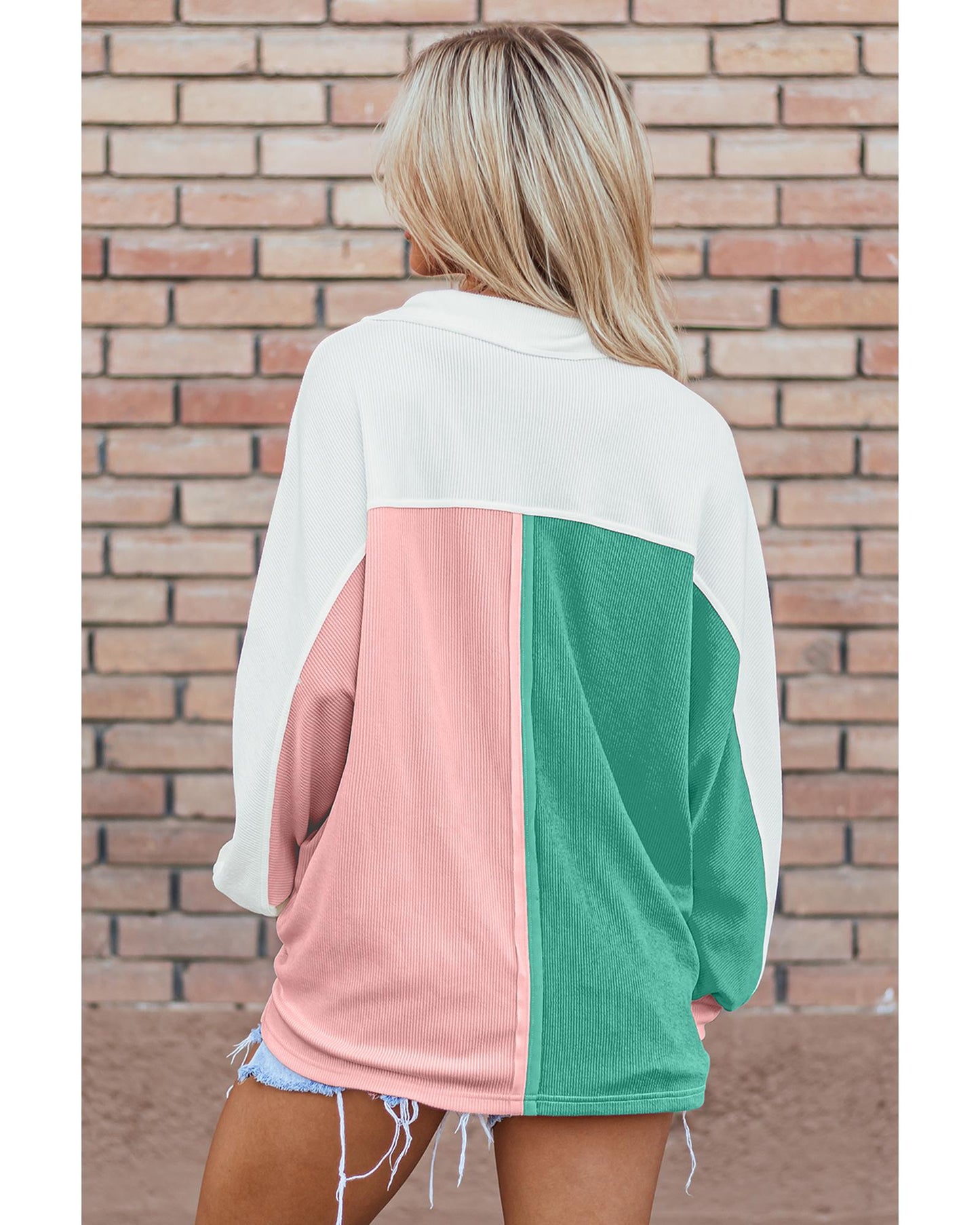 Pink Colorblock Ribbed Collared Oversized Sweatshirt - XL