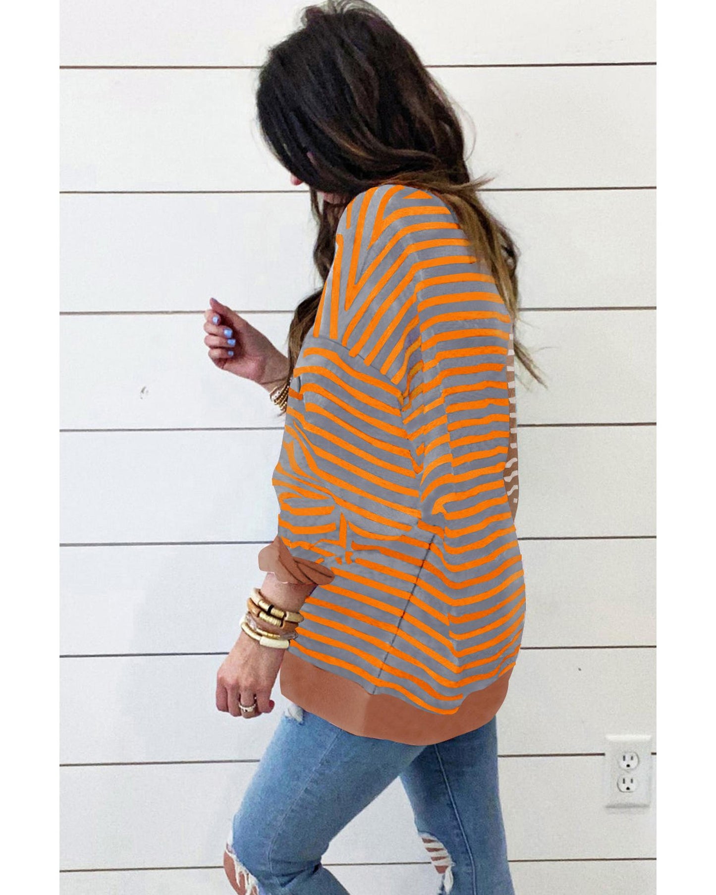 Brown Stripe Casual Stripe Colorblock Drop Shoulder Oversize Sweatshirt - 2XL