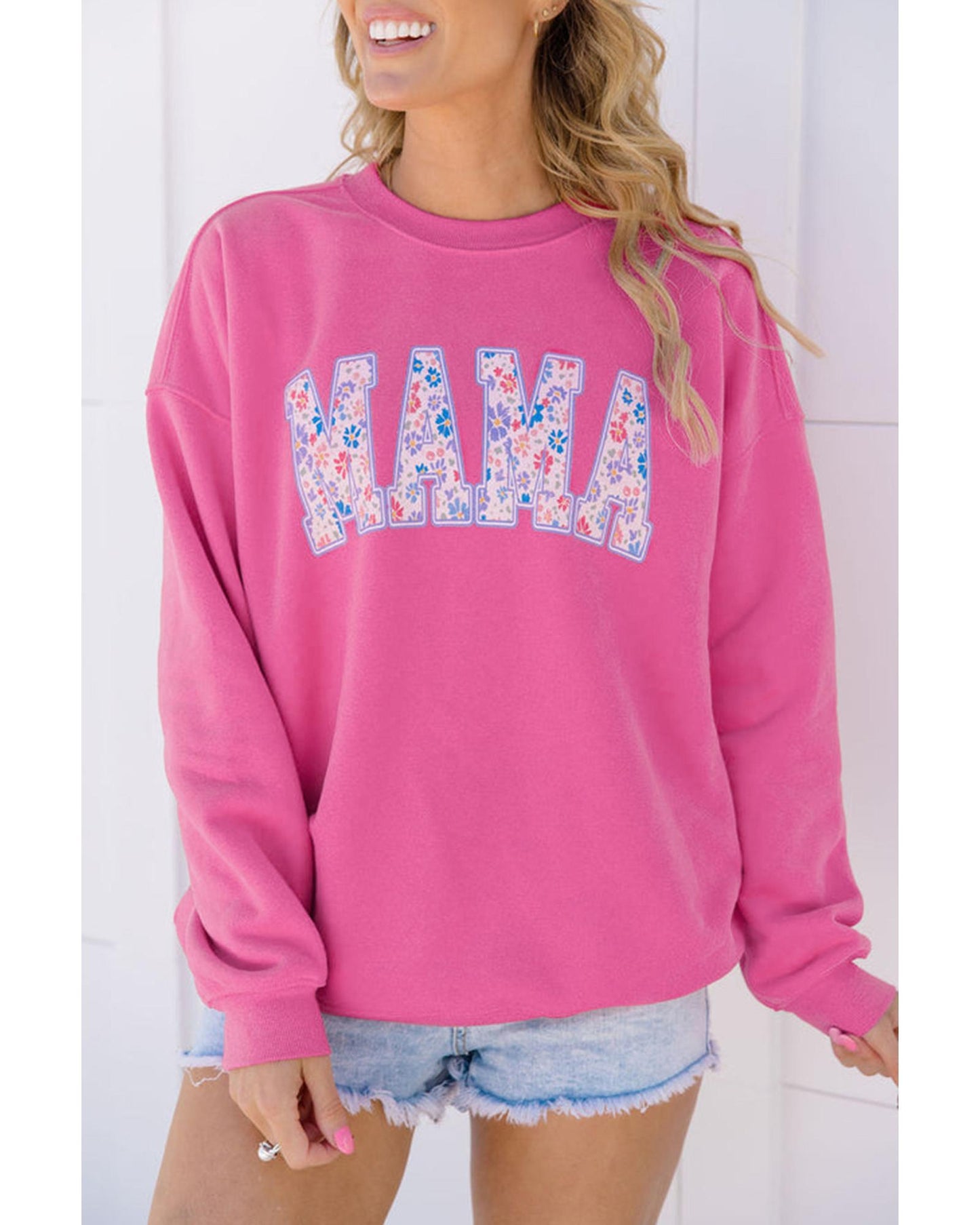 Rose Red Floral MAMA Embroidered Graphic Pullover Sweatshirt - XL