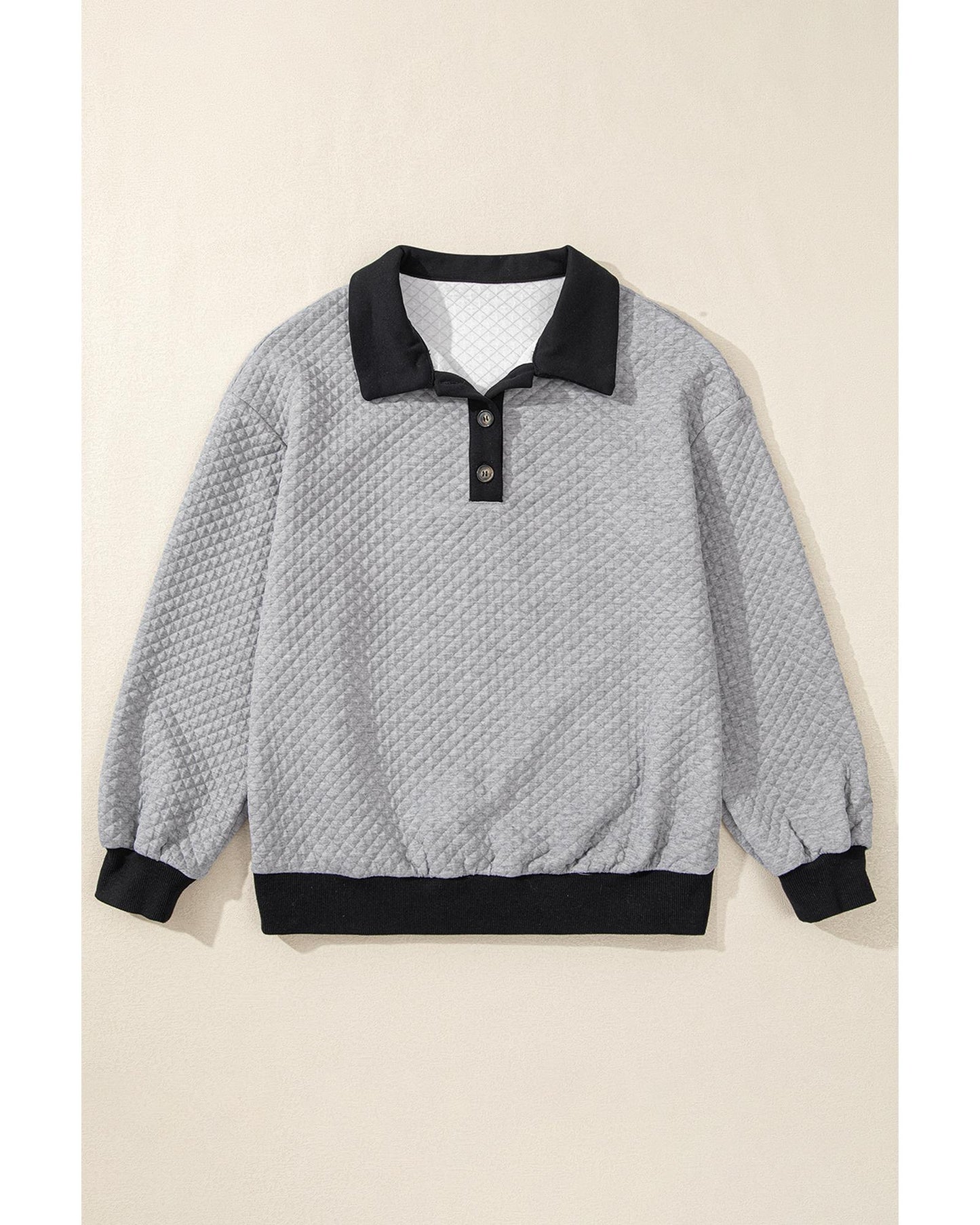 Light Grey Textured Colorblock Edge Buttoned Collar Sweatshirt - L