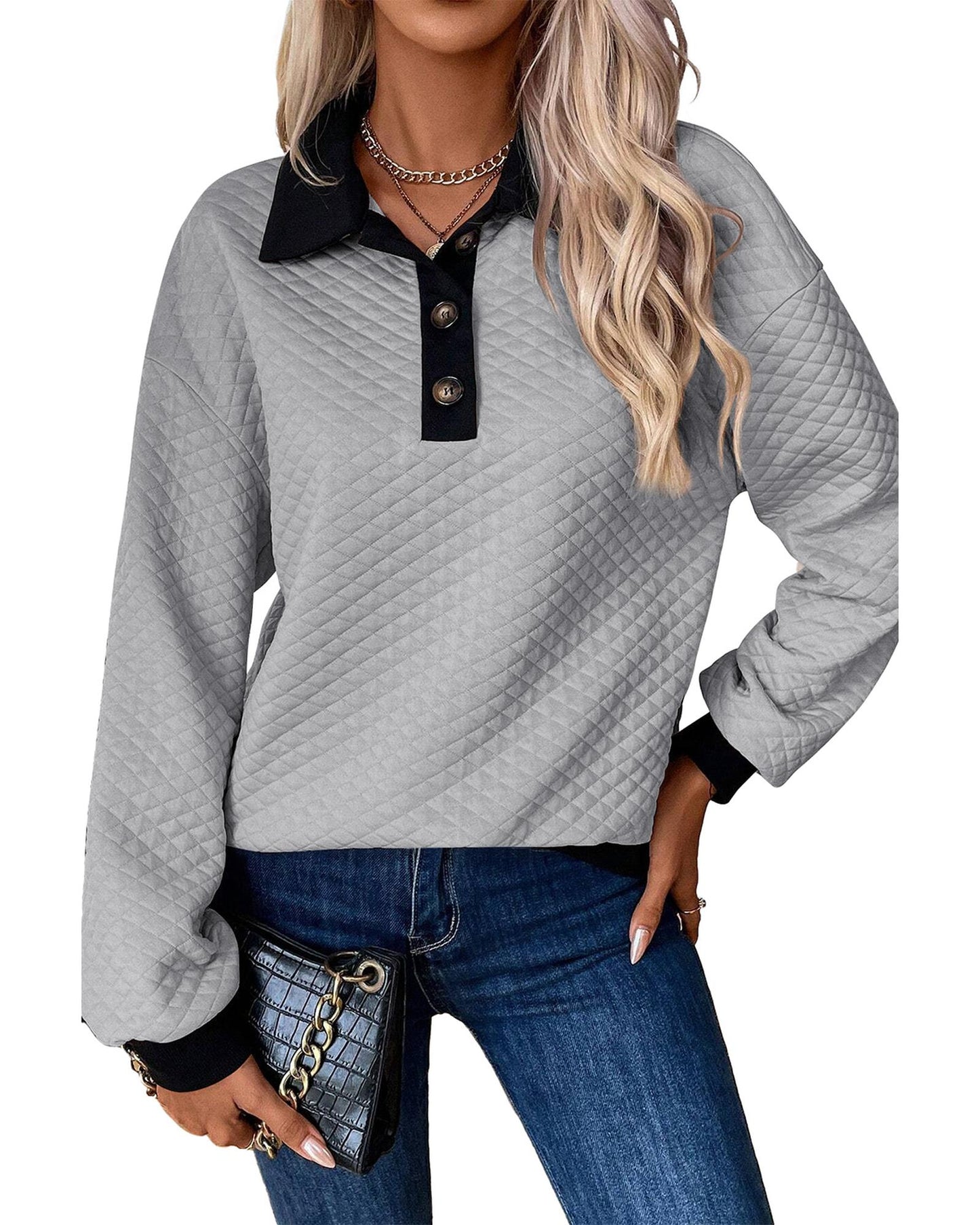 Light Grey Textured Colorblock Edge Buttoned Collar Sweatshirt - L