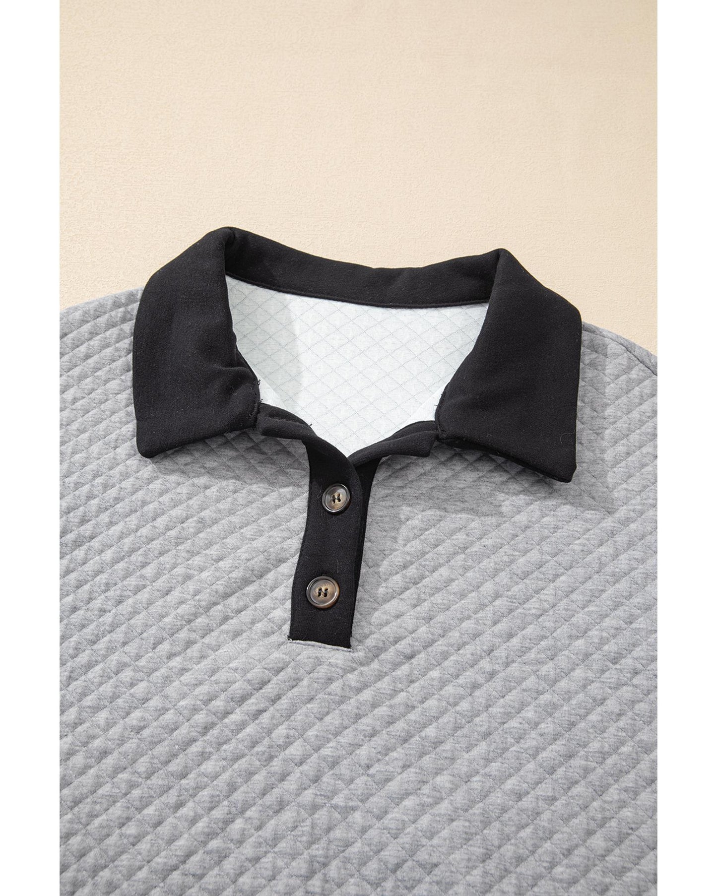 Light Grey Textured Colorblock Edge Buttoned Collar Sweatshirt - L