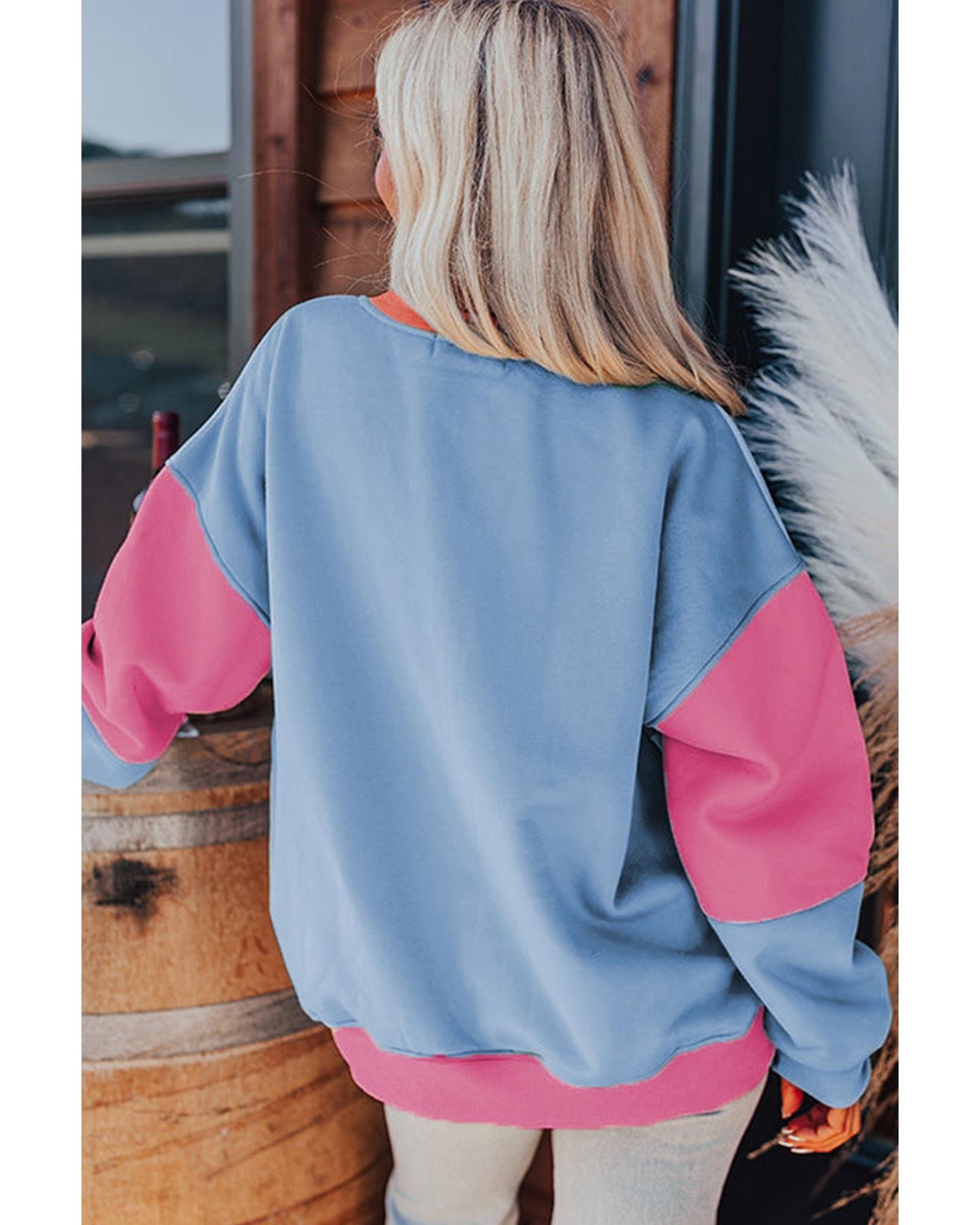 Bright Pink Colorblock Patchwork Drop Shoulder Sweatshirt - M