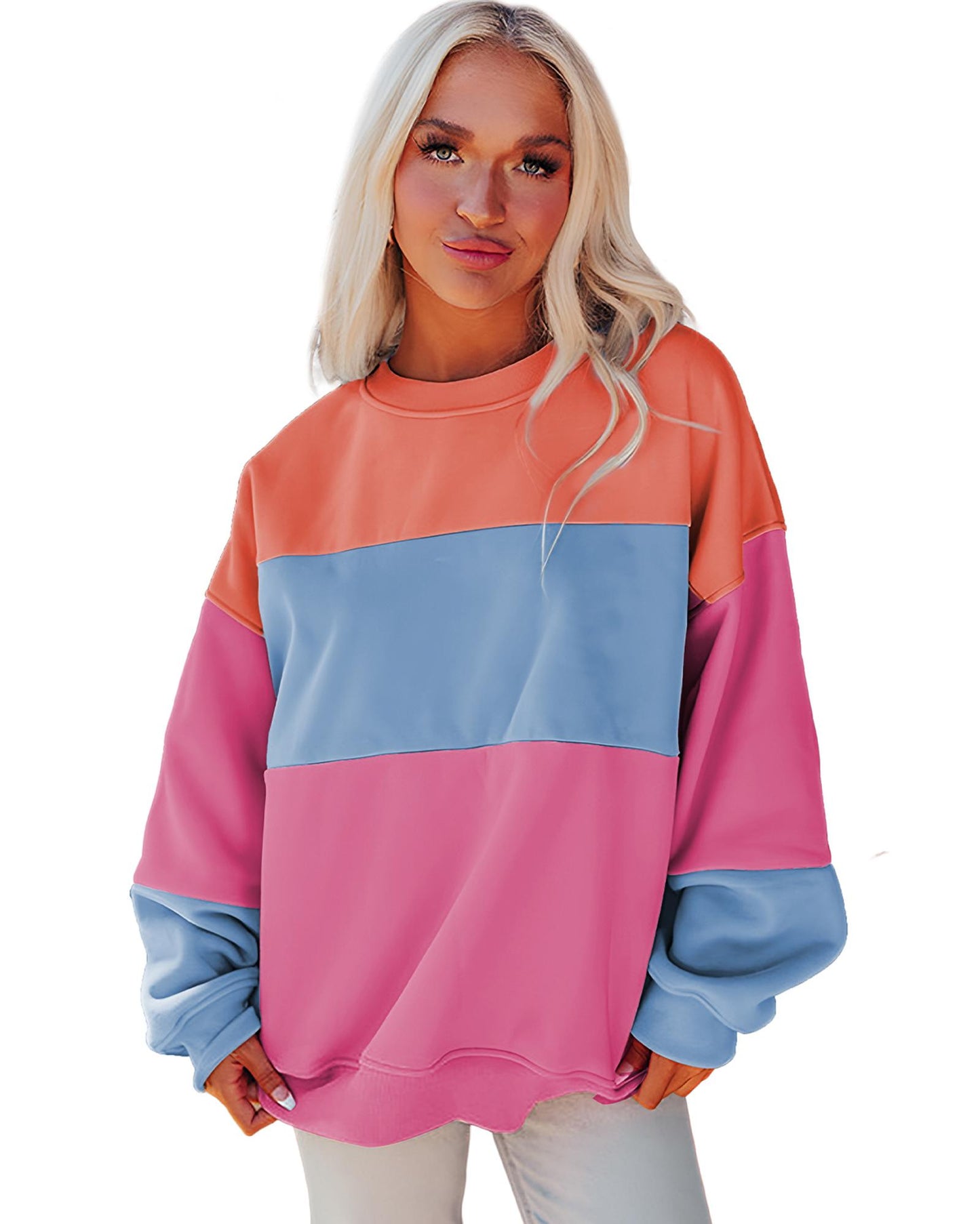 Bright Pink Colorblock Patchwork Drop Shoulder Sweatshirt - M
