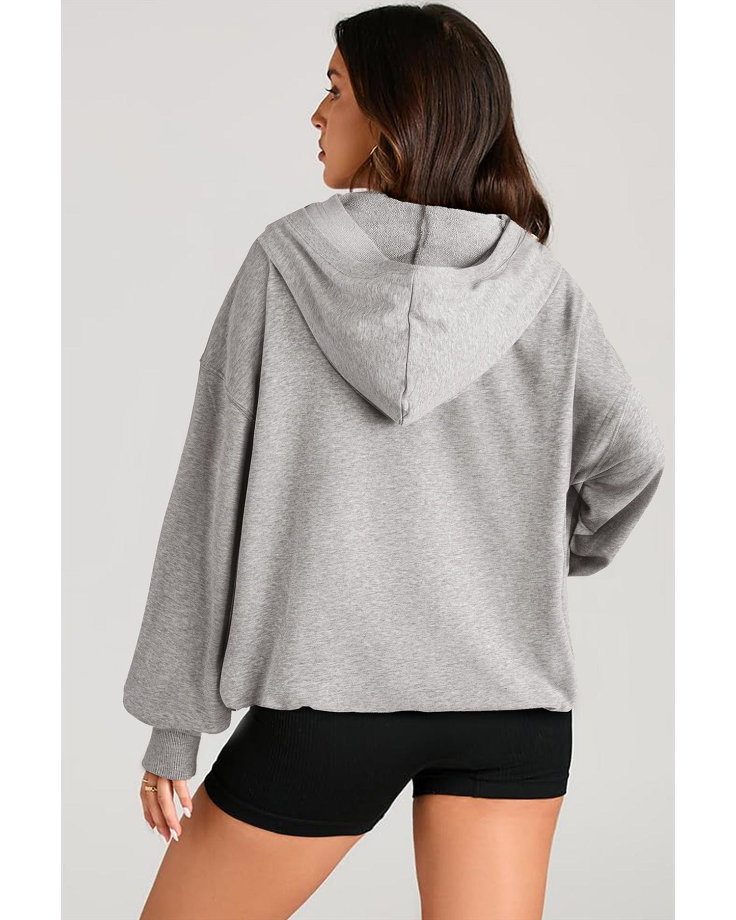 Light Grey Solid Kangaroo Pocket Half Zipper Oversized Hoodie - M