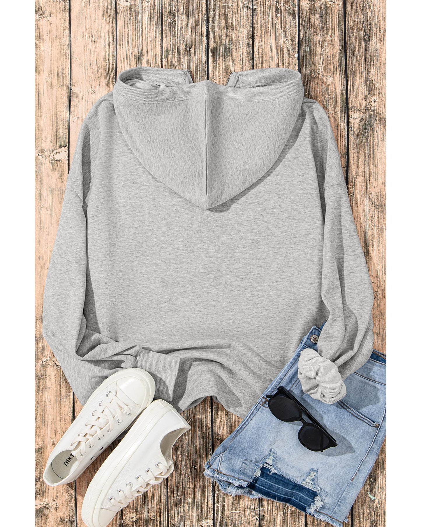 Light Grey Solid Kangaroo Pocket Half Zipper Oversized Hoodie - M