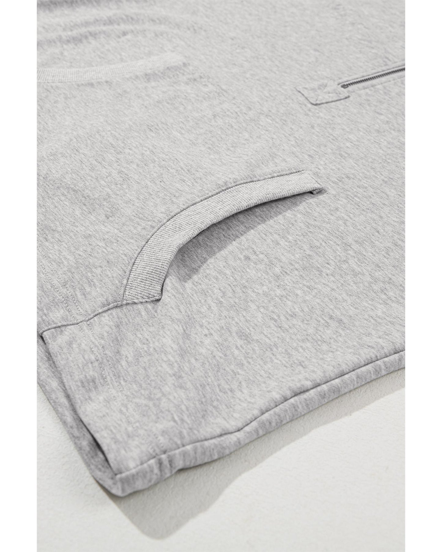 Light Grey Solid Kangaroo Pocket Half Zipper Oversized Hoodie - S