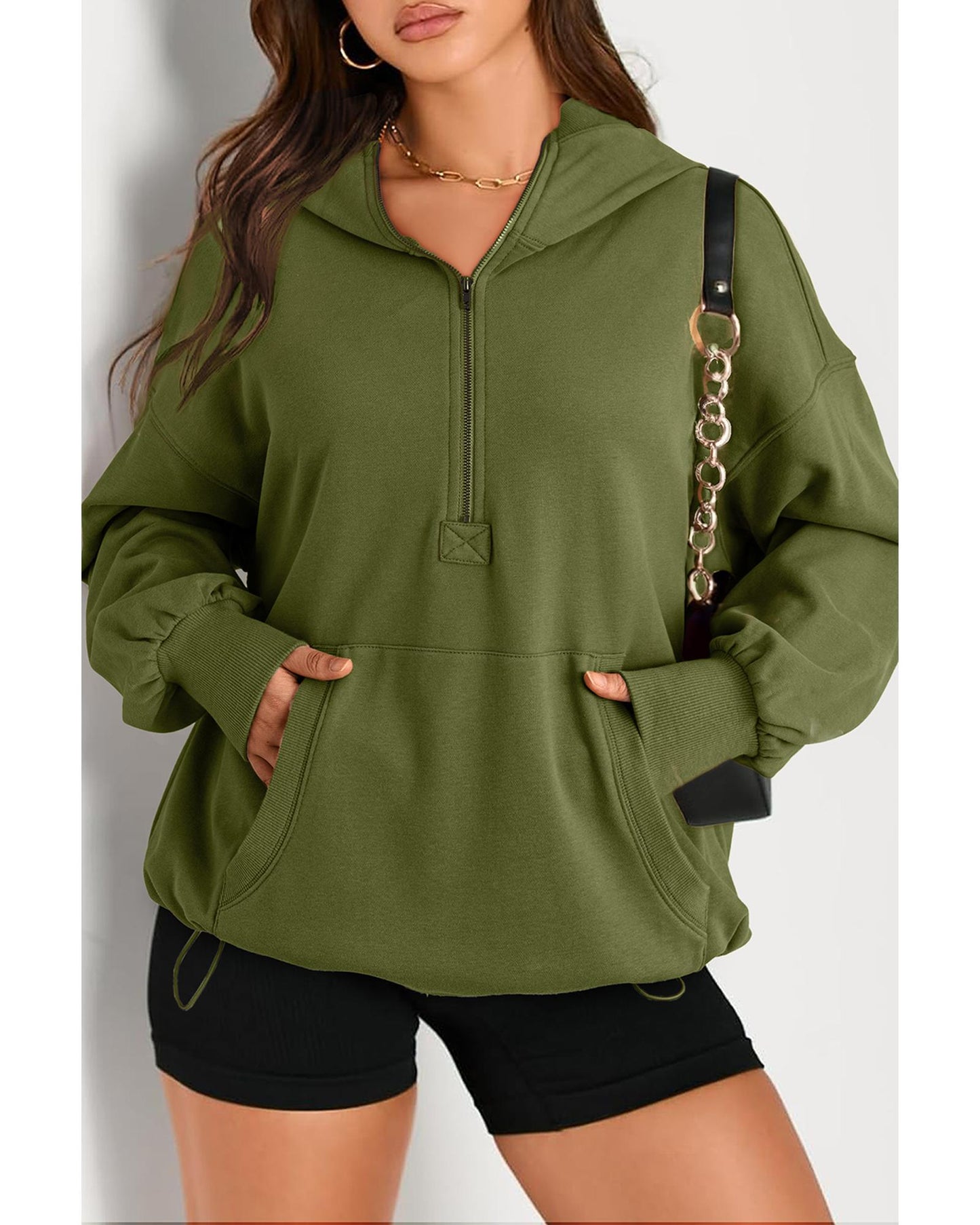 Moss Green Solid Kangaroo Pocket Half Zipper Oversized Hoodie - XL