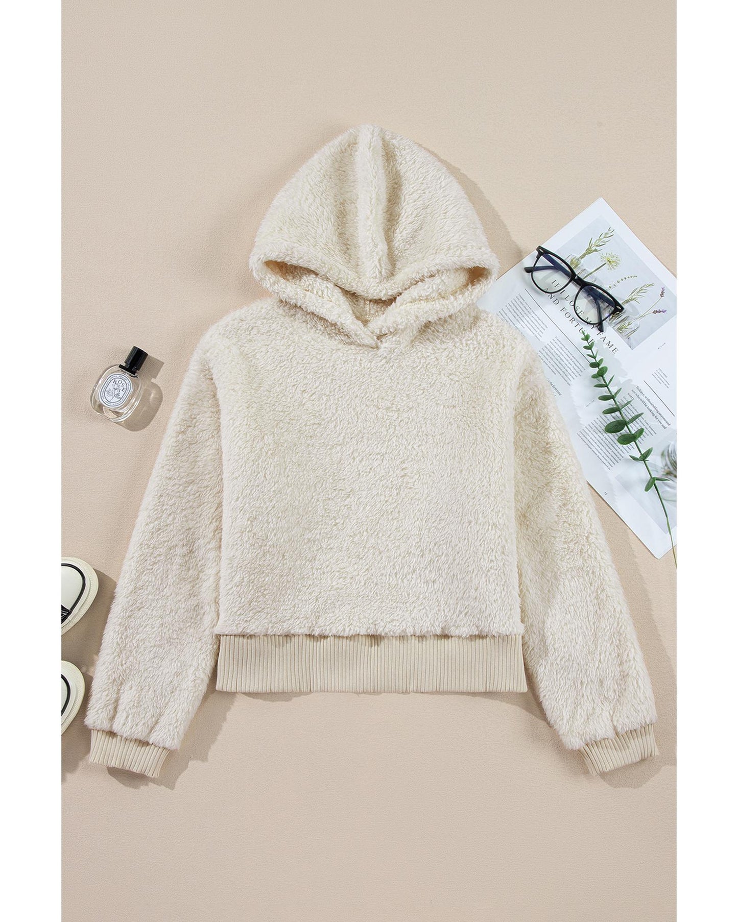 White Contrast Ribbed Edge Plush Hoodie - S